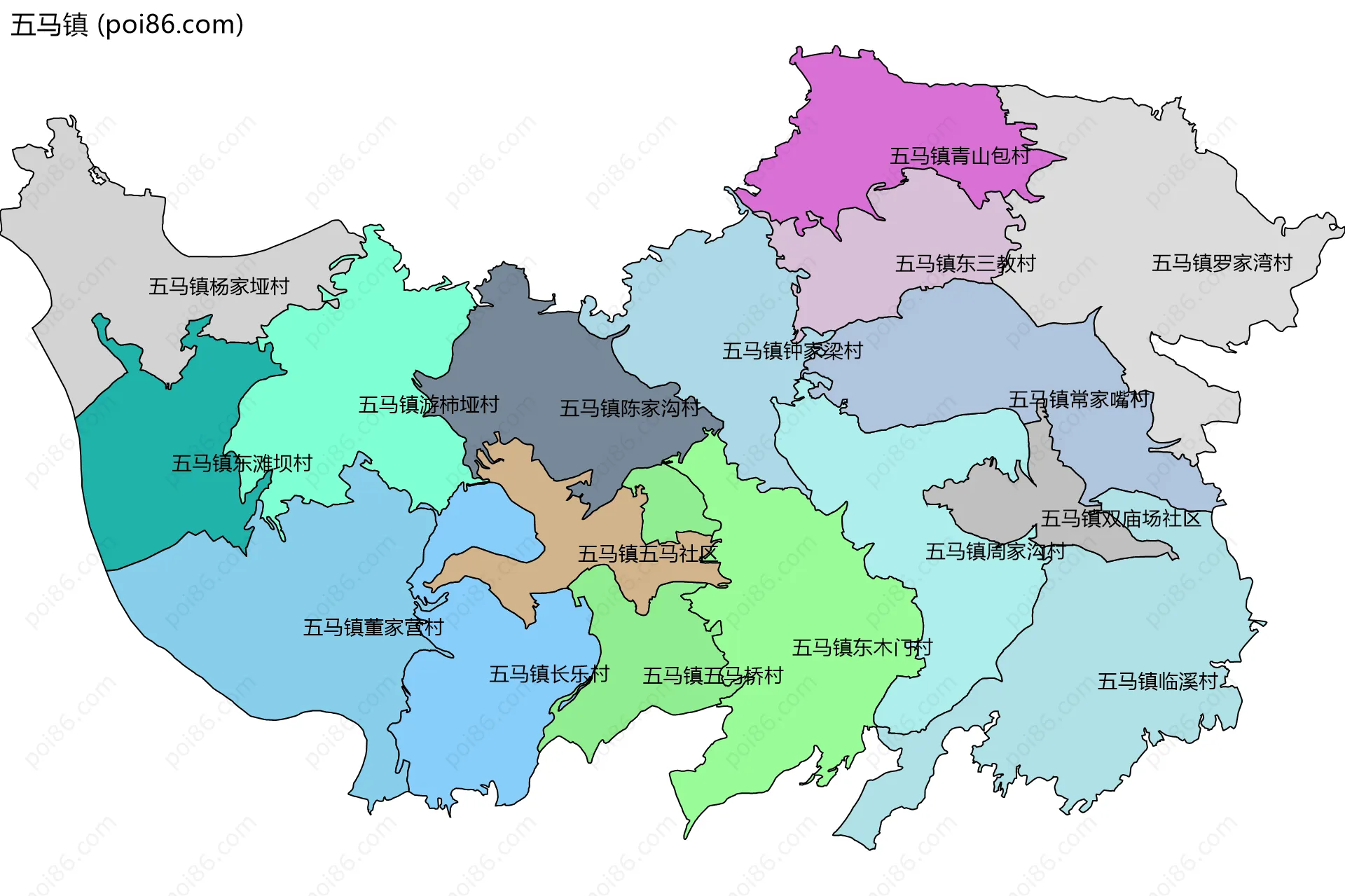 五马镇边界地图(五级行政区划)