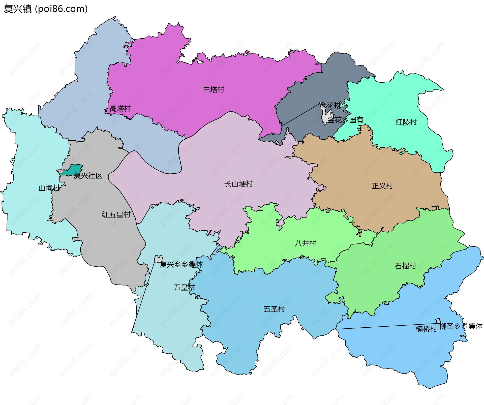 复兴镇边界地图(五级行政区划)