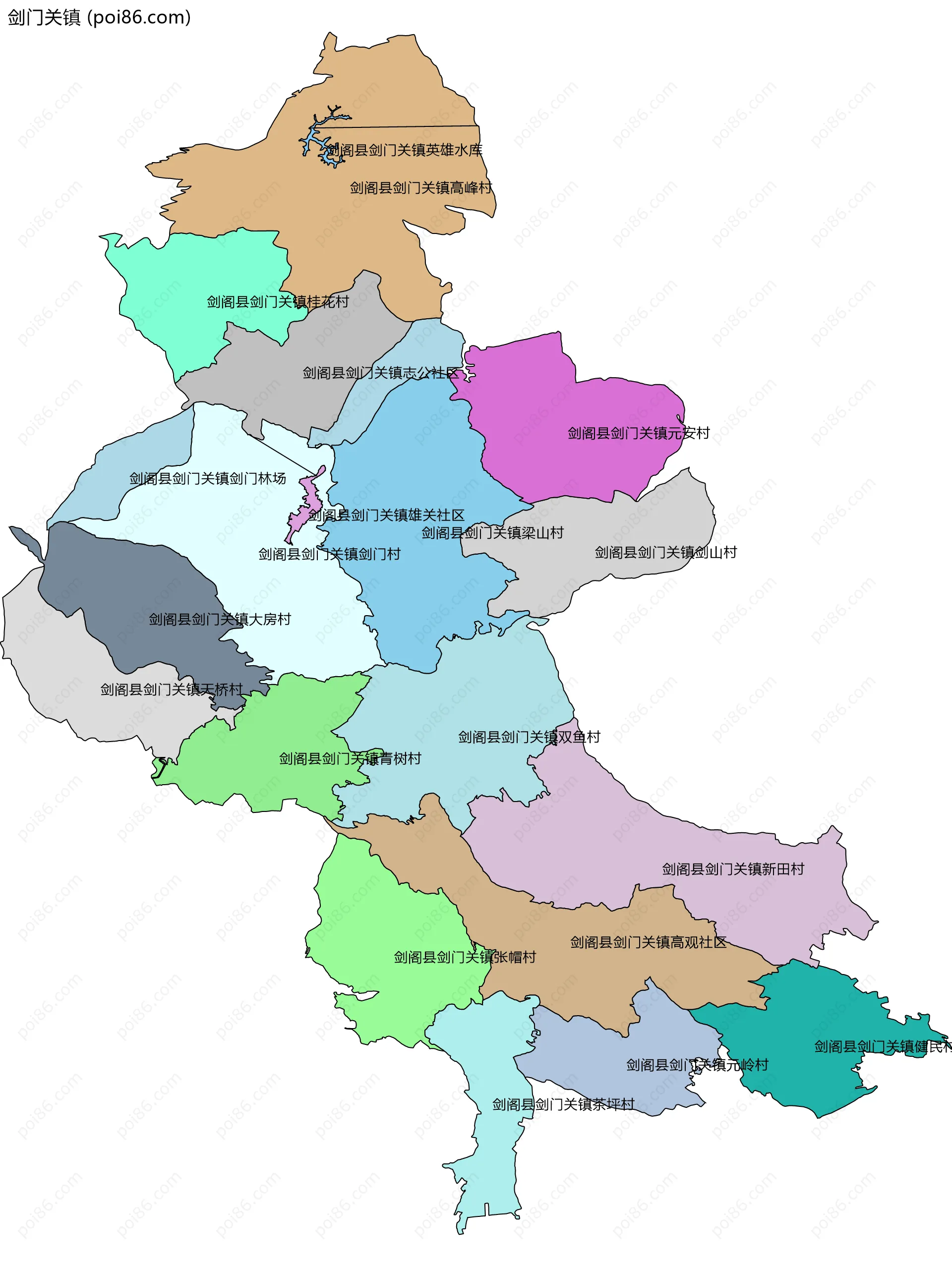 剑门关镇边界地图(五级行政区划)