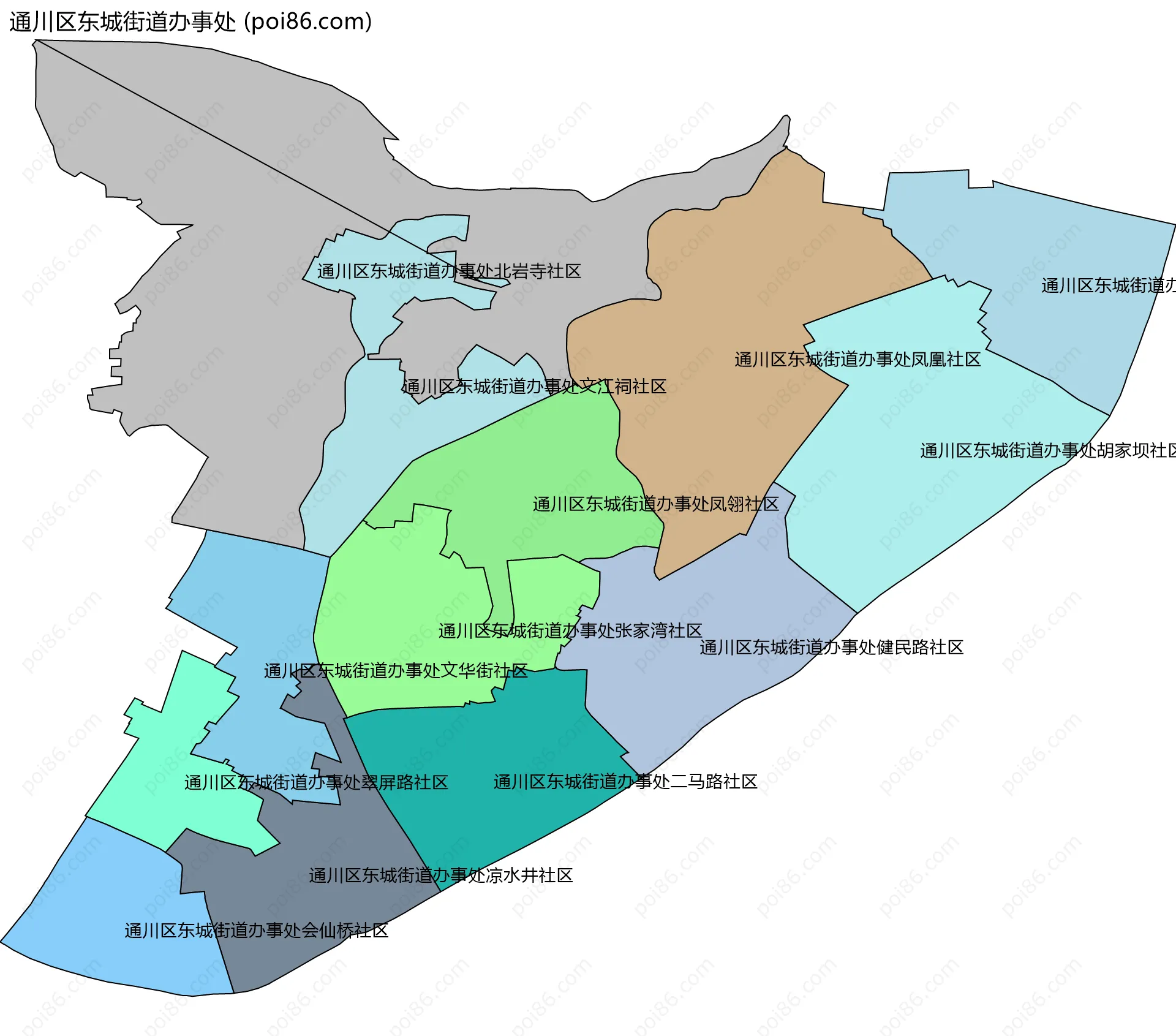 通川区东城街道办事处边界地图(五级行政区划)
