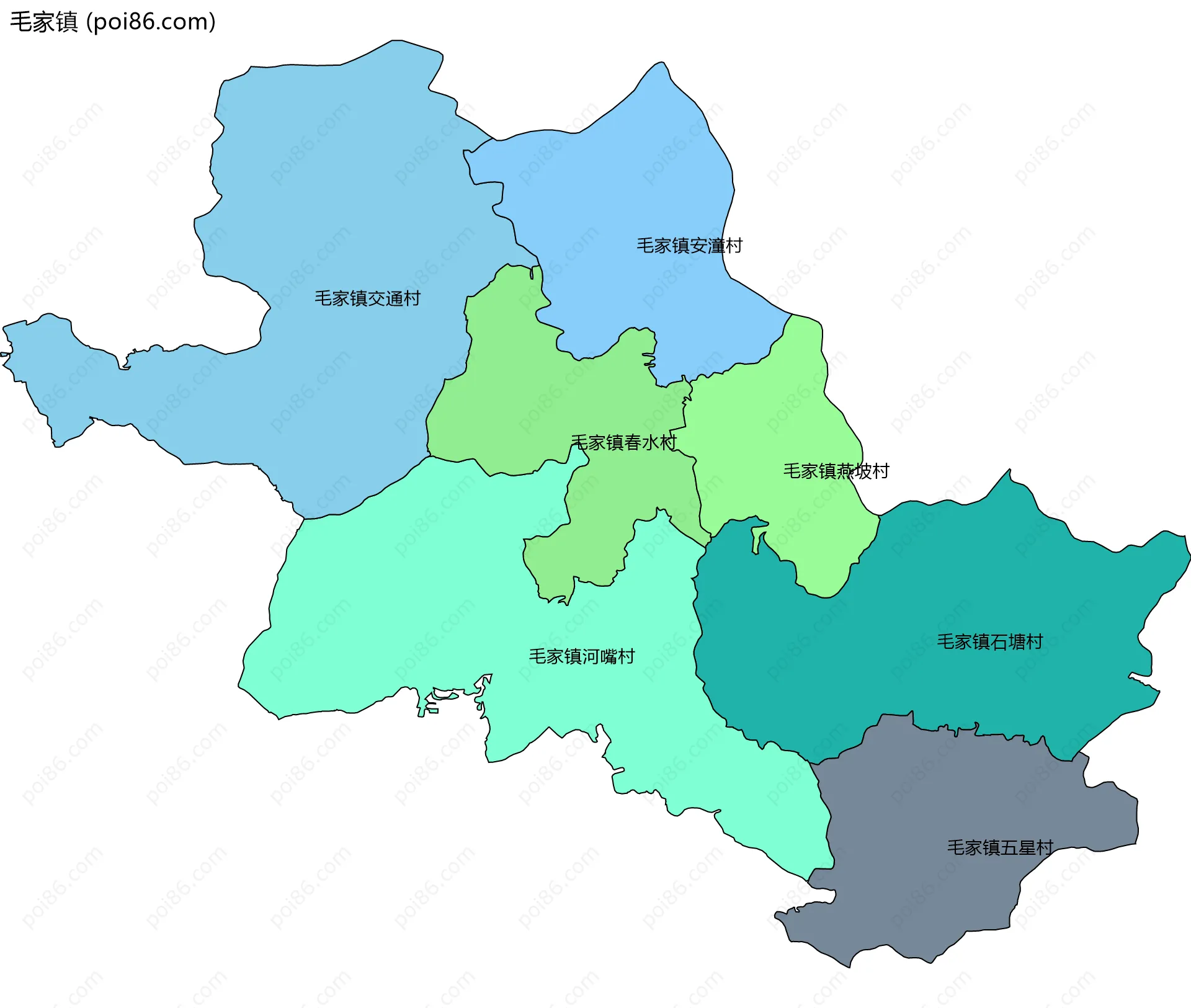 毛家镇边界地图(五级行政区划)