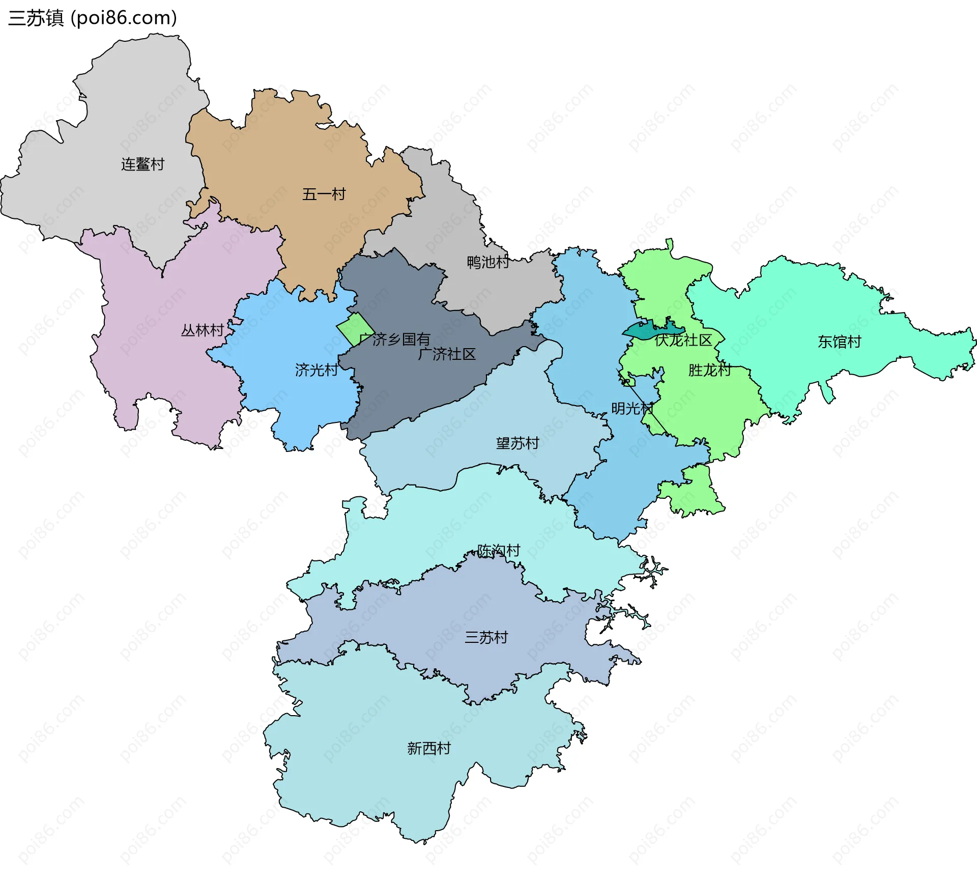 三苏镇边界地图(五级行政区划)