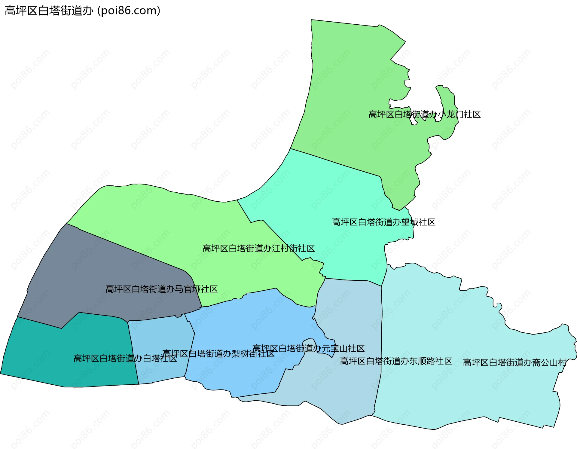 高坪区白塔街道办边界地图(五级行政区划)
