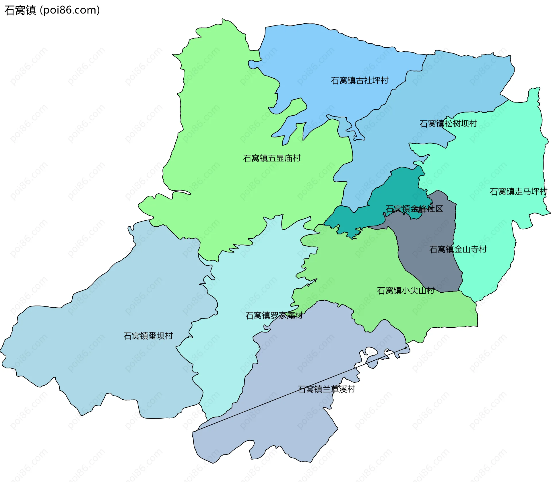 石窝镇边界地图(五级行政区划)