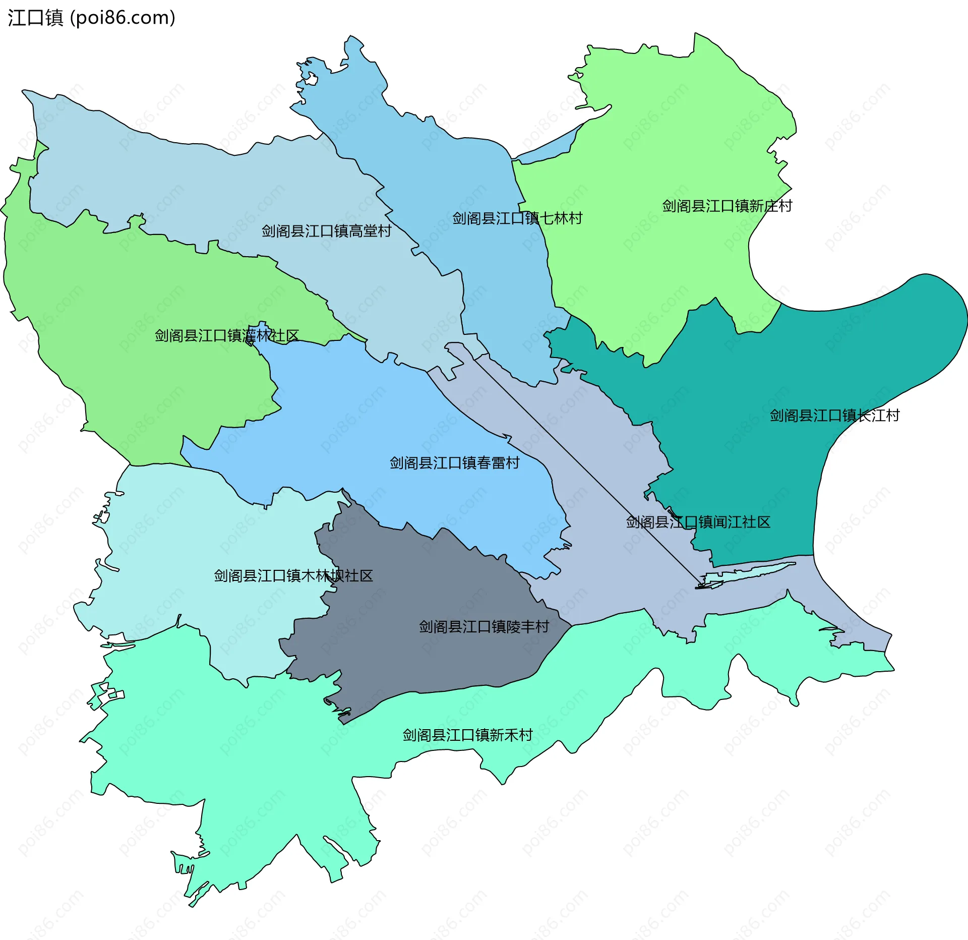 江口镇边界地图(五级行政区划)