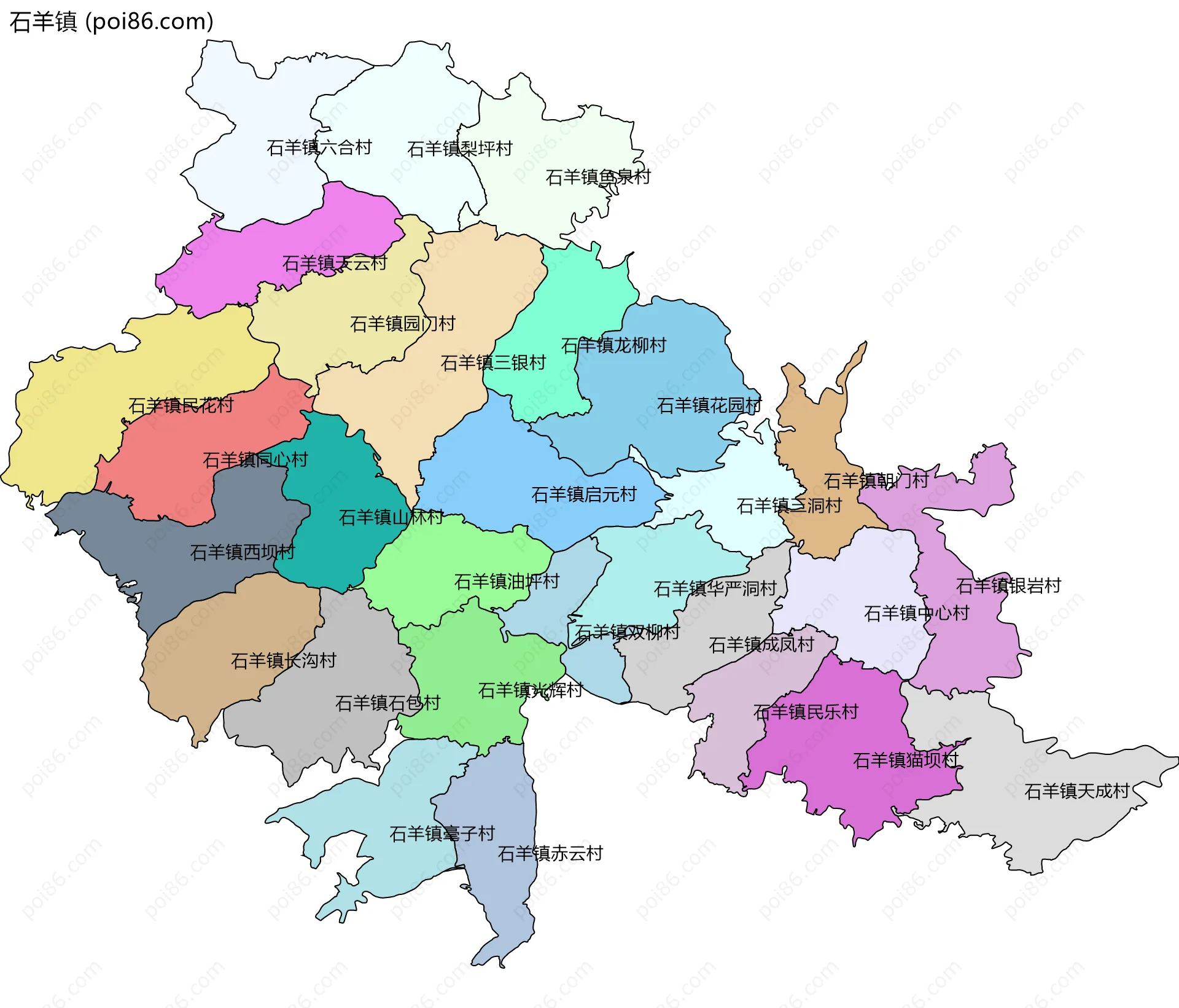 石羊镇边界地图(五级行政区划)