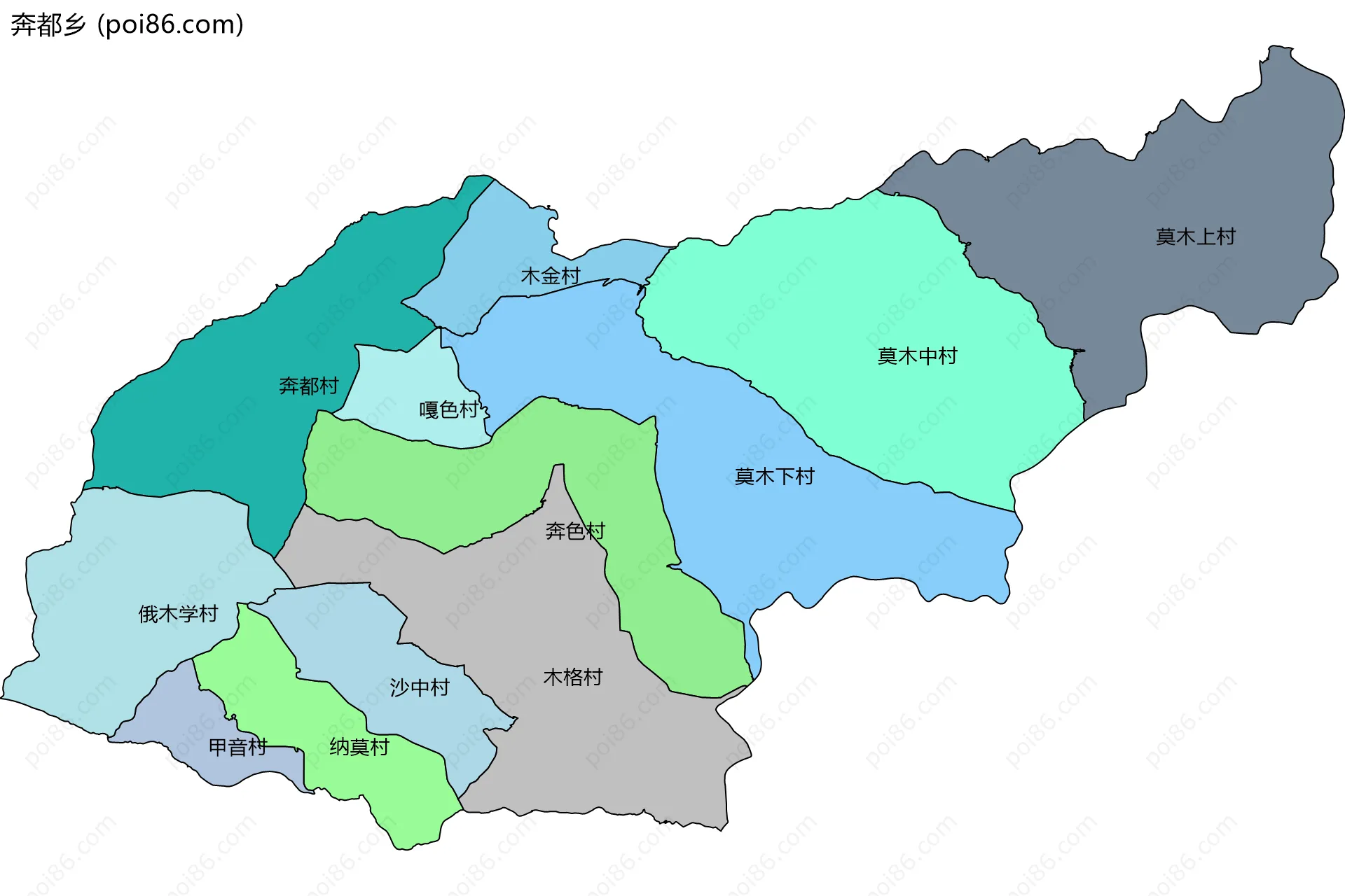 奔都乡边界地图(五级行政区划)