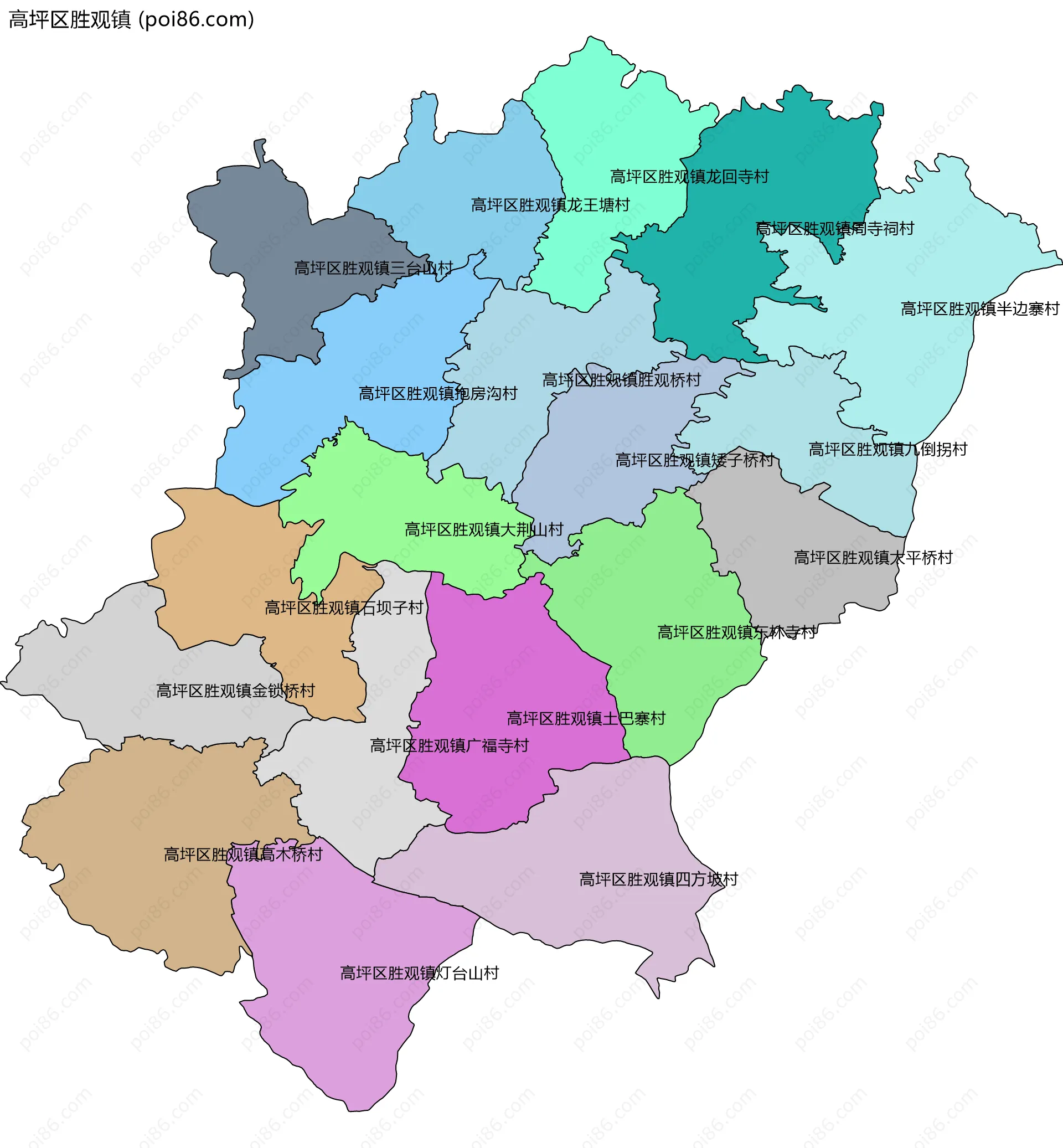 高坪区胜观镇边界地图(五级行政区划)