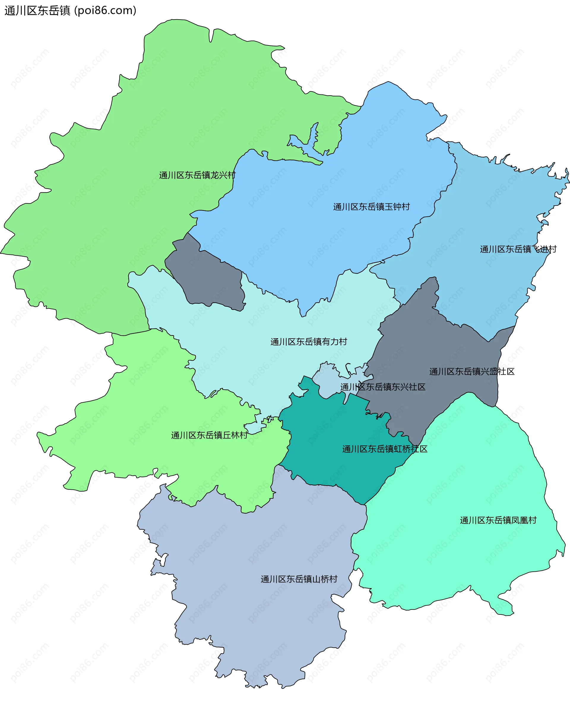 通川区东岳镇边界地图(五级行政区划)