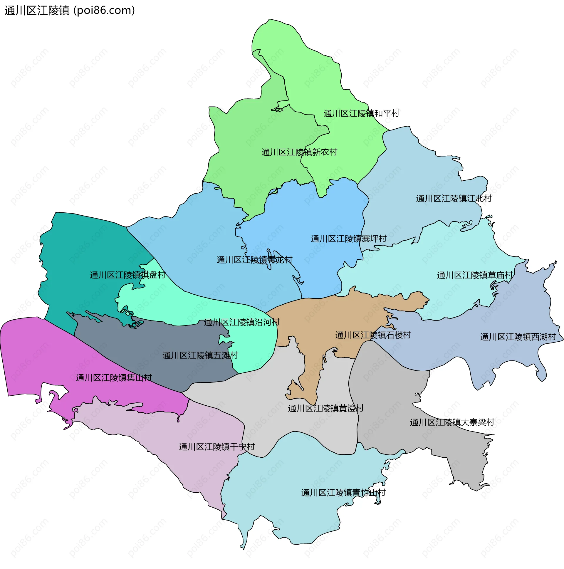 通川区江陵镇边界地图(五级行政区划)