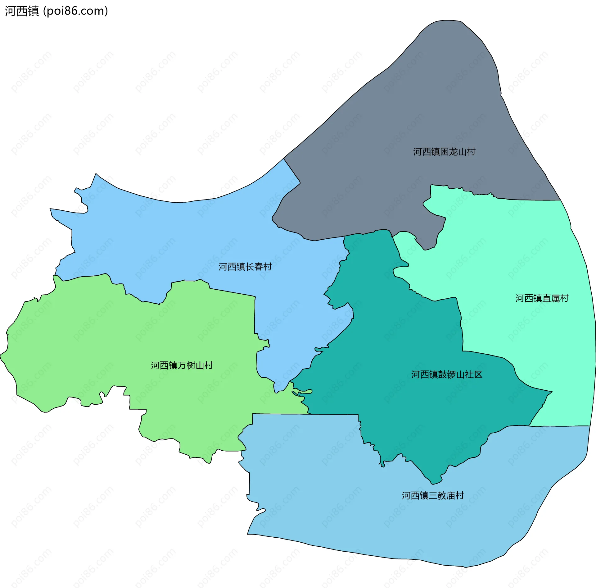 河西镇边界地图(五级行政区划)