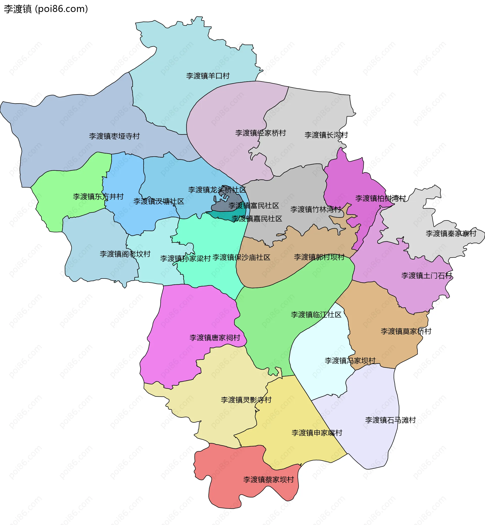 李渡镇边界地图(五级行政区划)