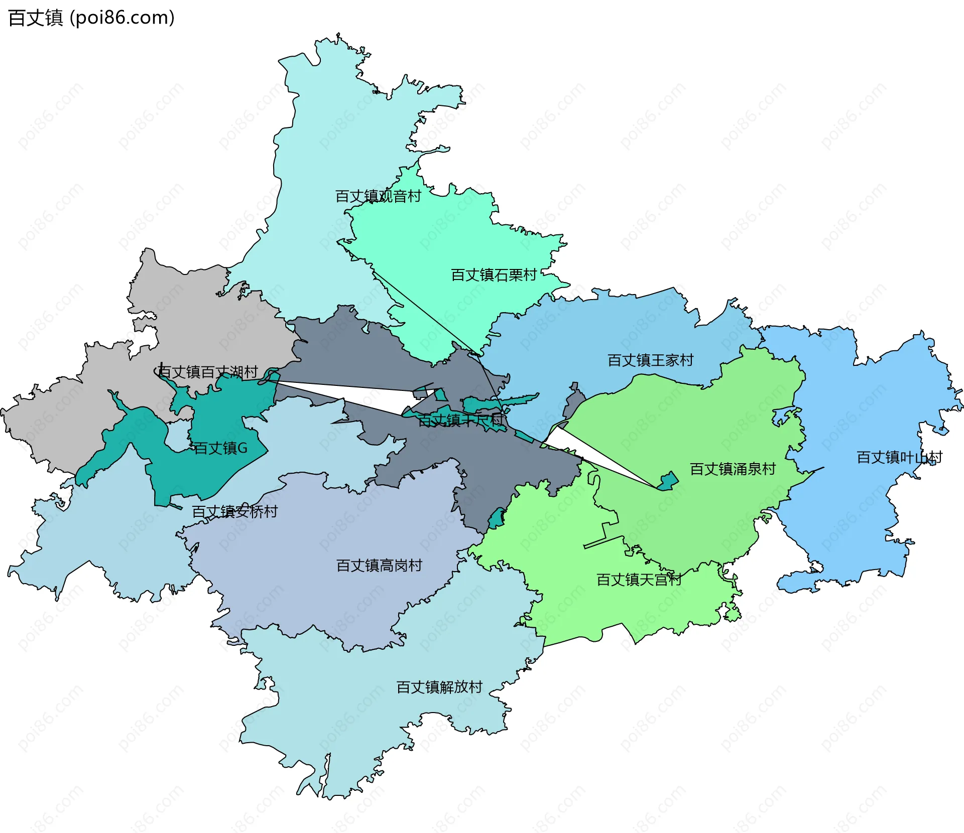 百丈镇边界地图(五级行政区划)