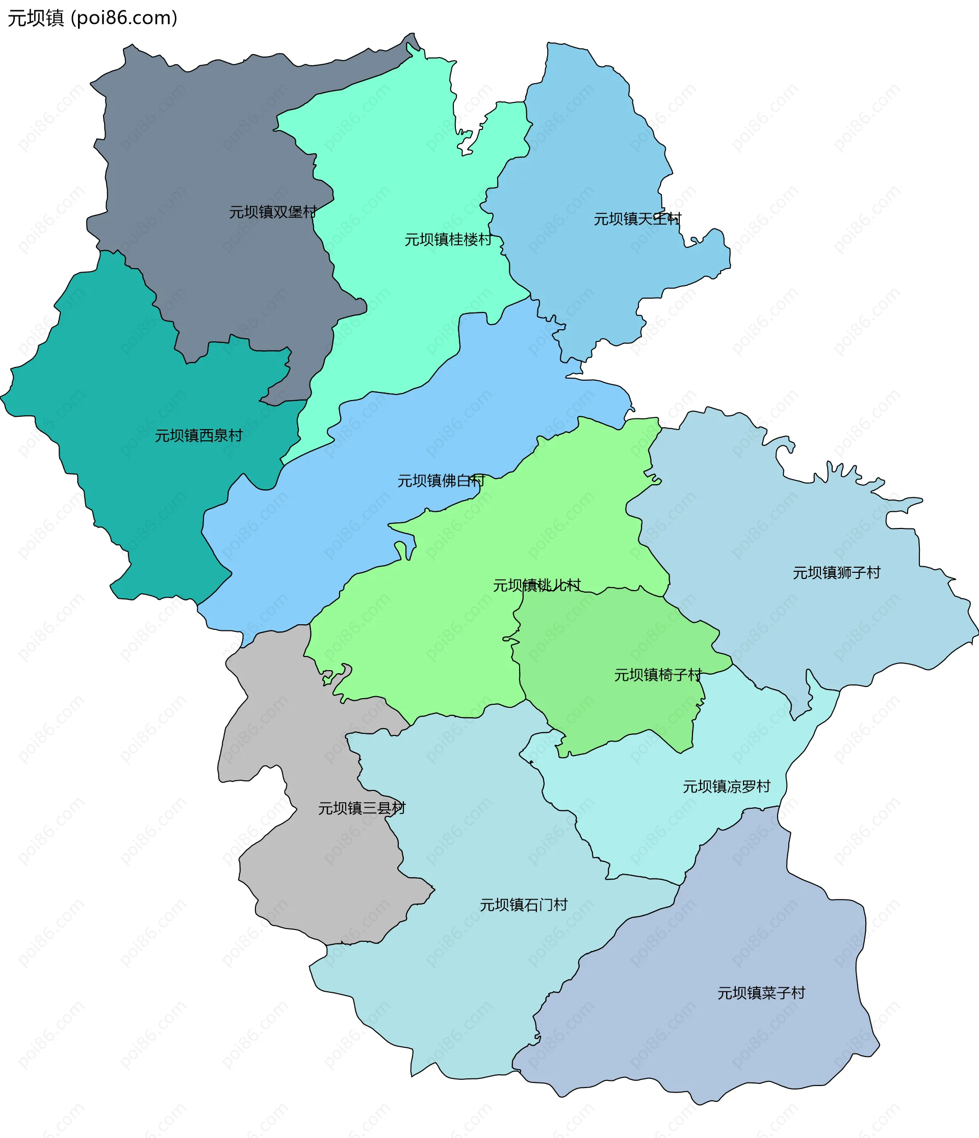 元坝镇边界地图(五级行政区划)