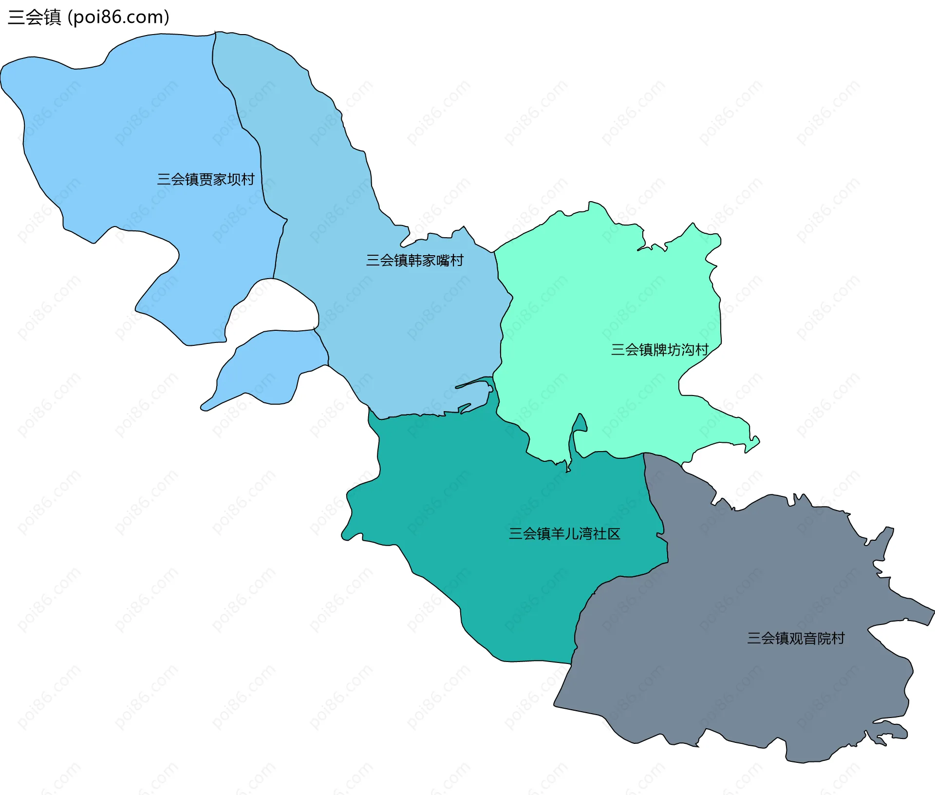 三会镇边界地图(五级行政区划)