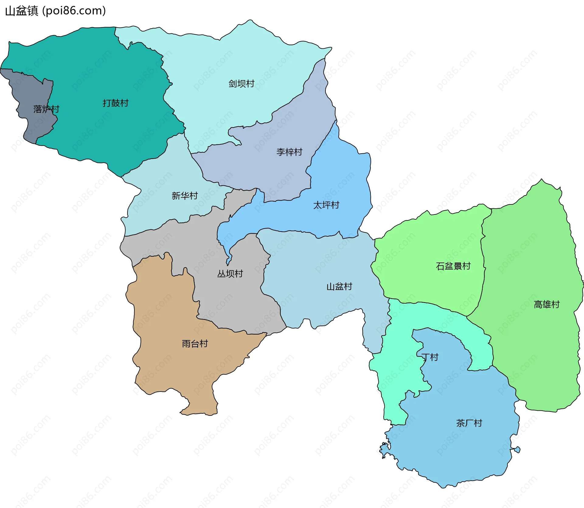 山盆镇边界地图(五级行政区划)