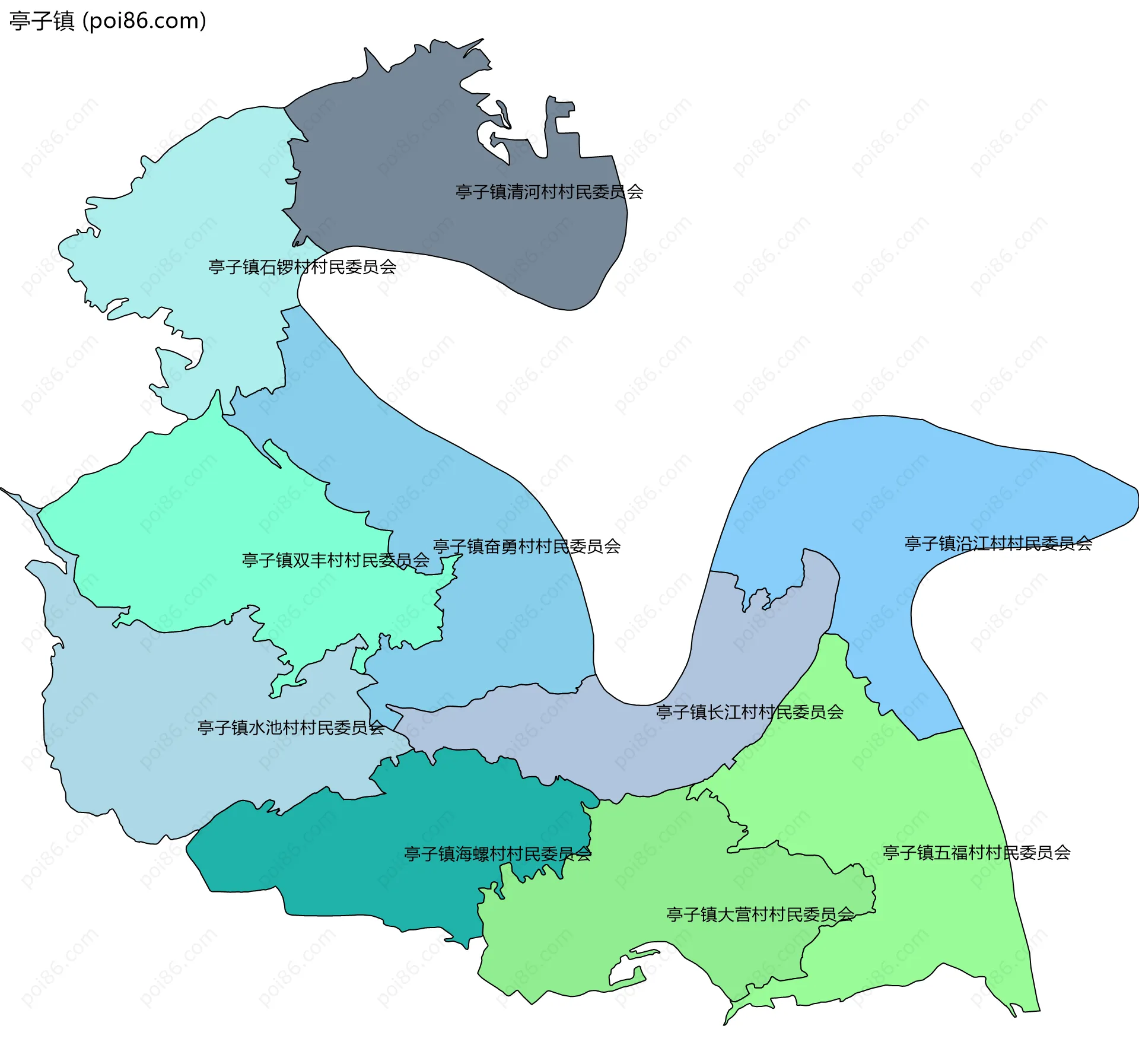 亭子镇边界地图(五级行政区划)