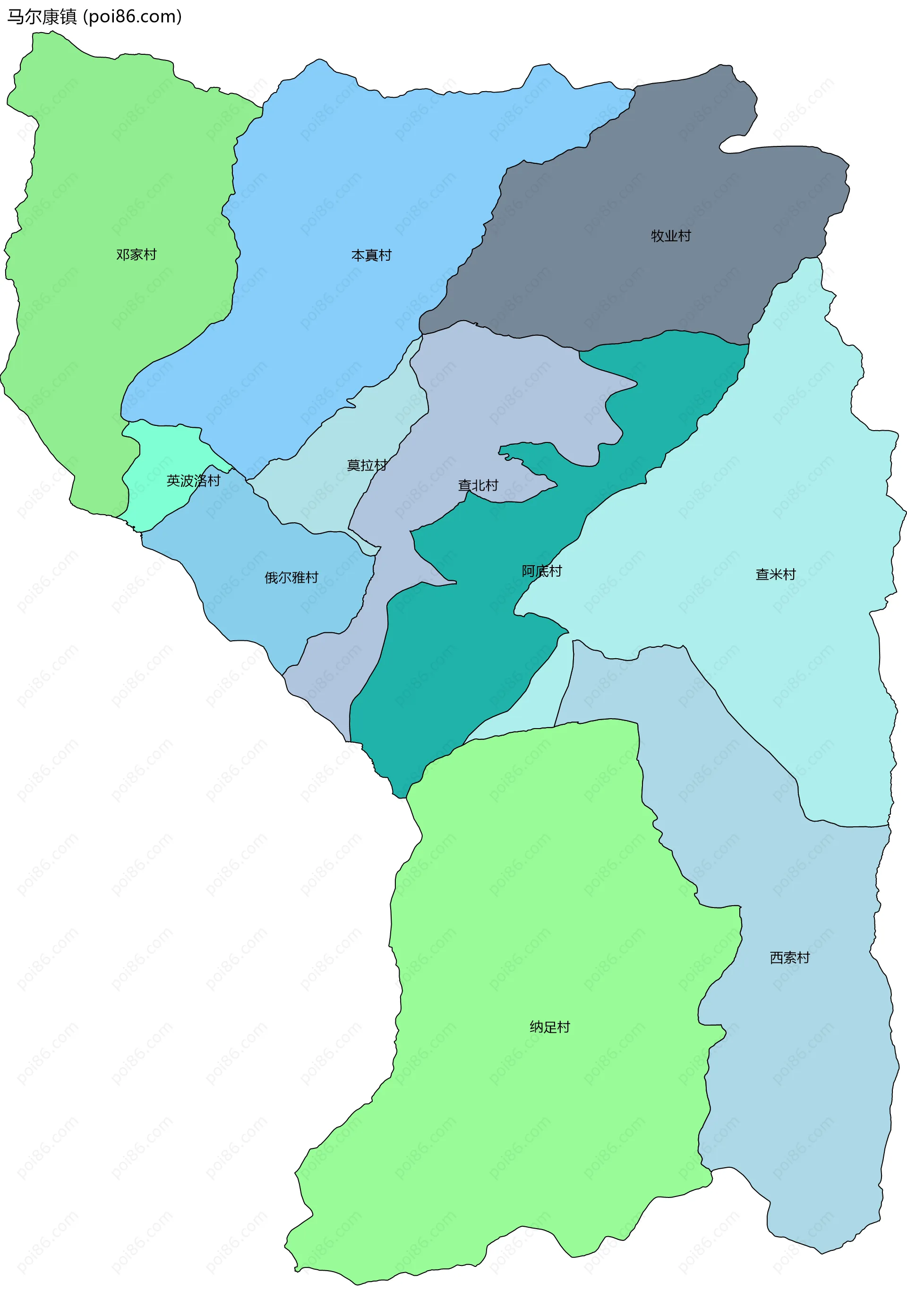 马尔康镇边界地图(五级行政区划)