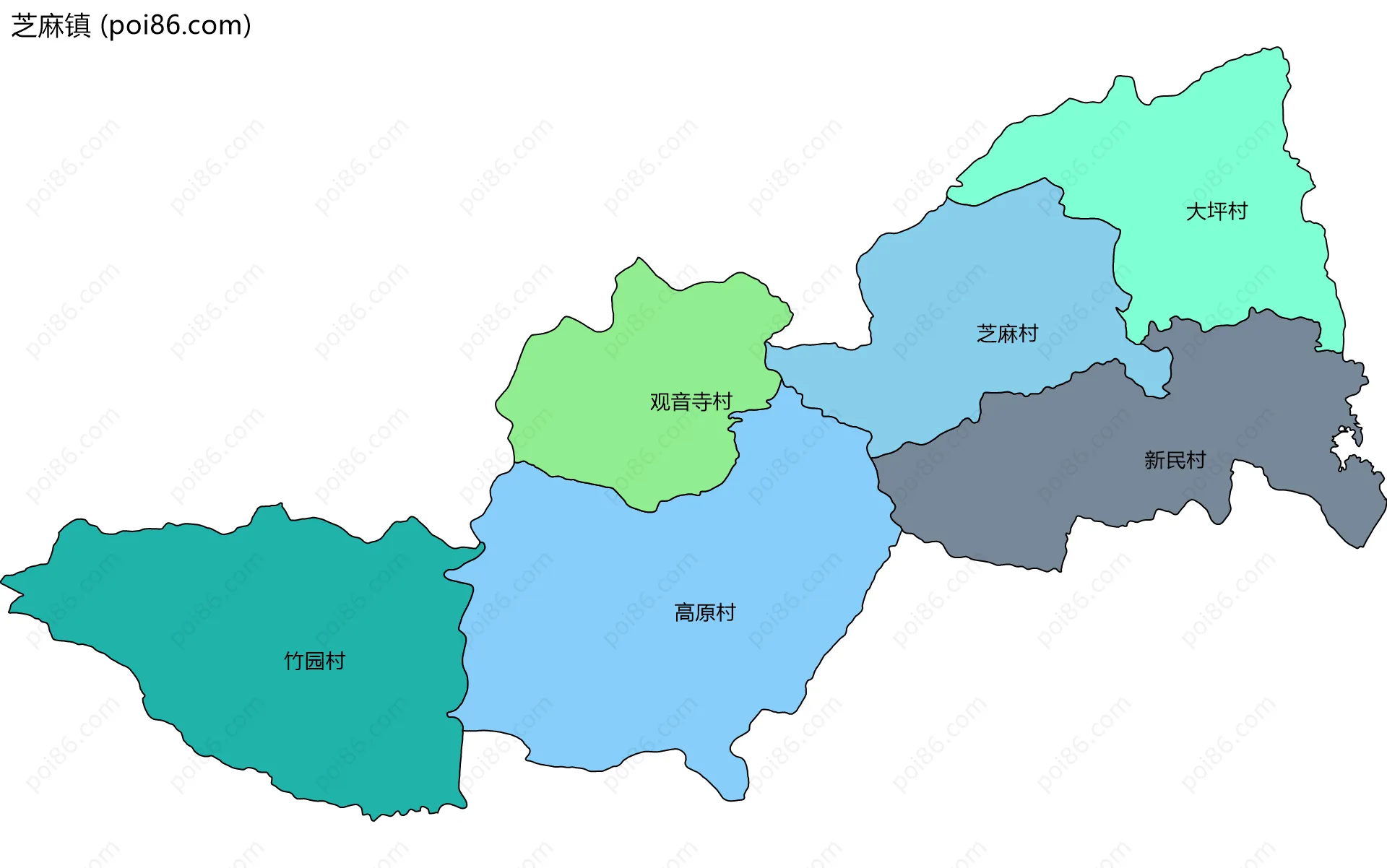 芝麻镇边界地图(五级行政区划)