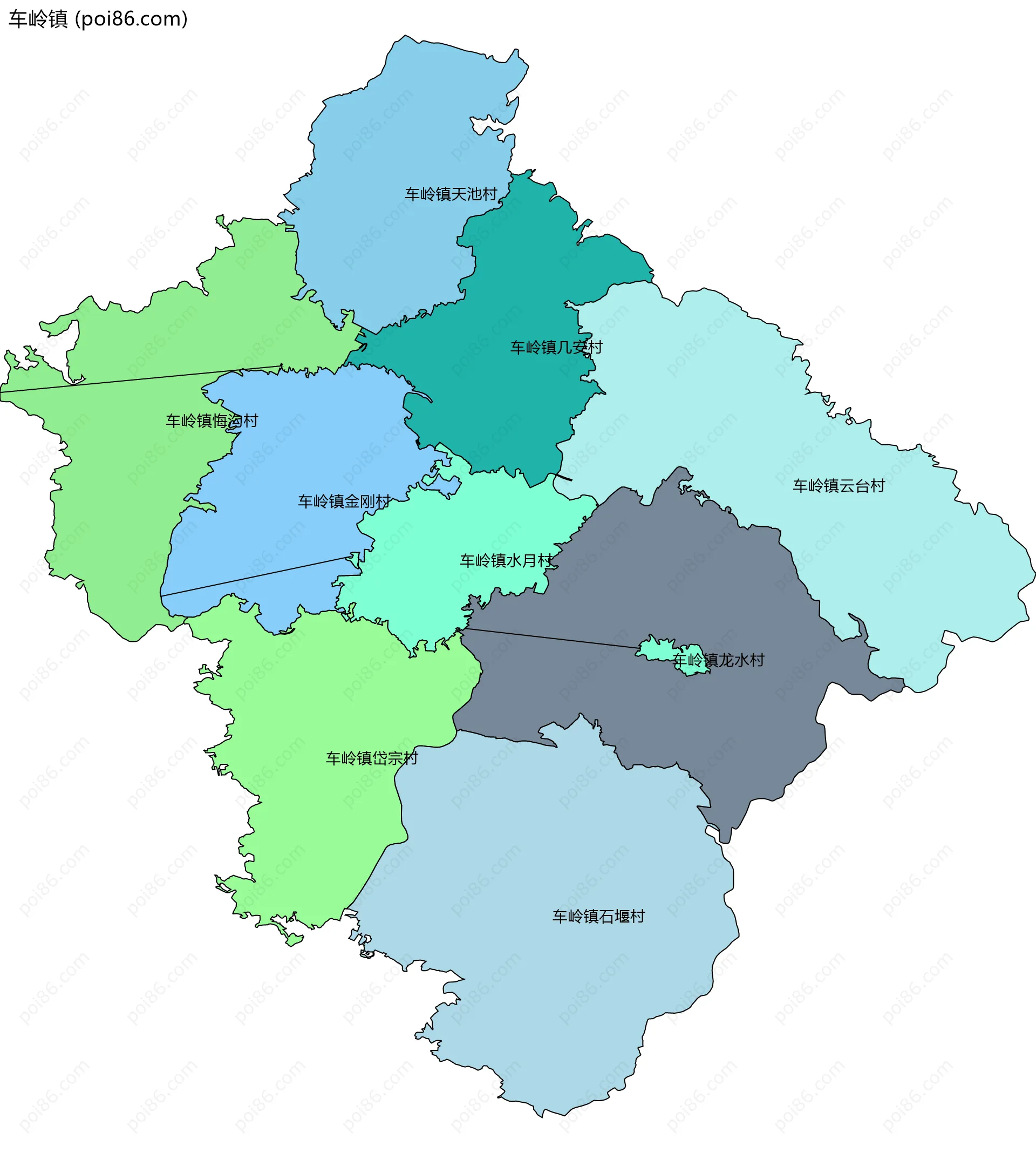 车岭镇边界地图(五级行政区划)