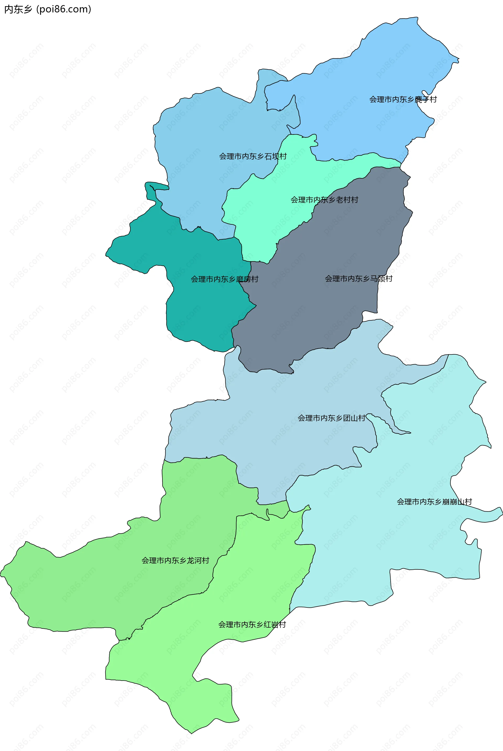 内东乡边界地图(五级行政区划)