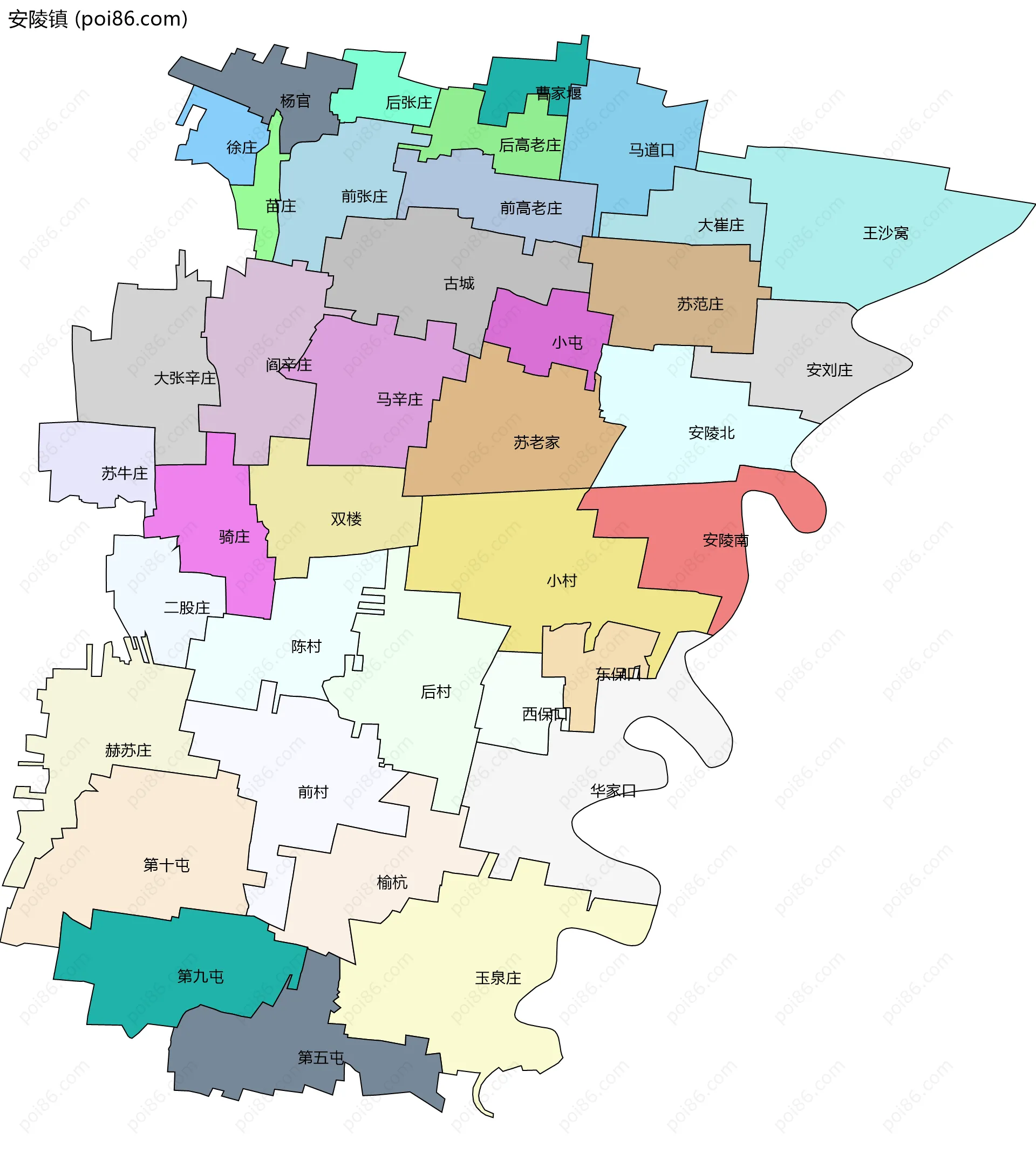 安陵镇边界地图(五级行政区划)