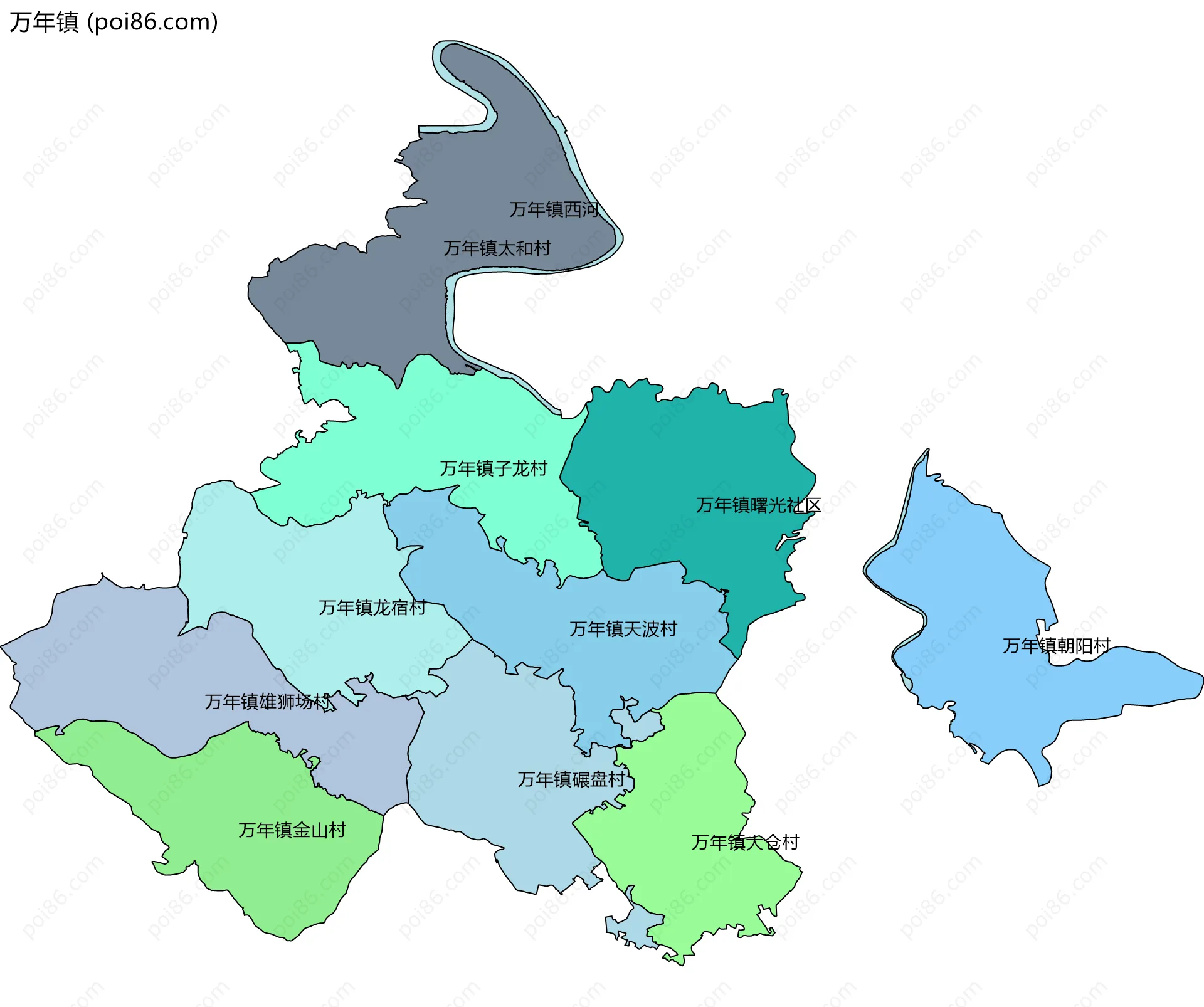 万年镇边界地图(五级行政区划)