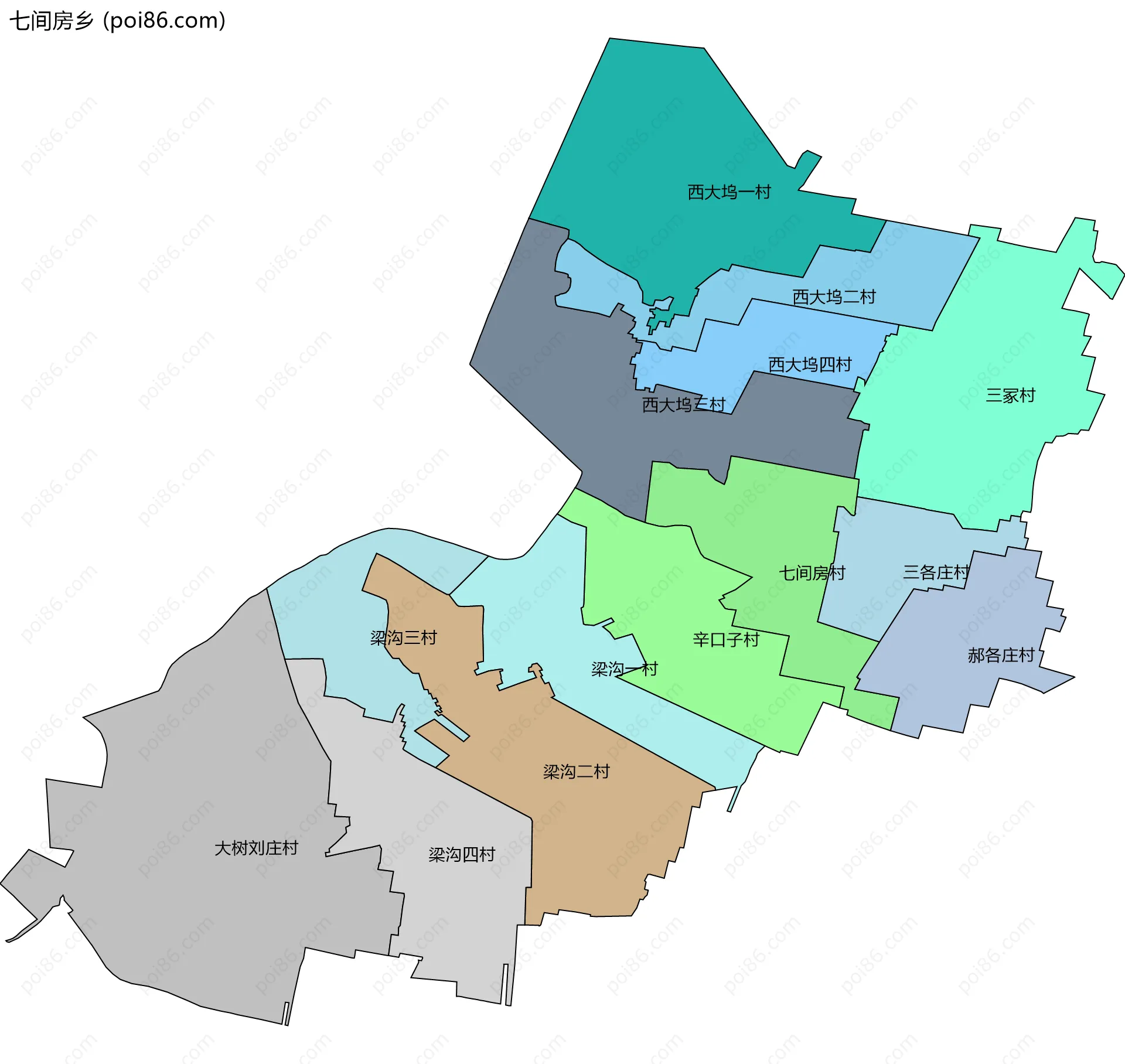 七间房乡边界地图(五级行政区划)