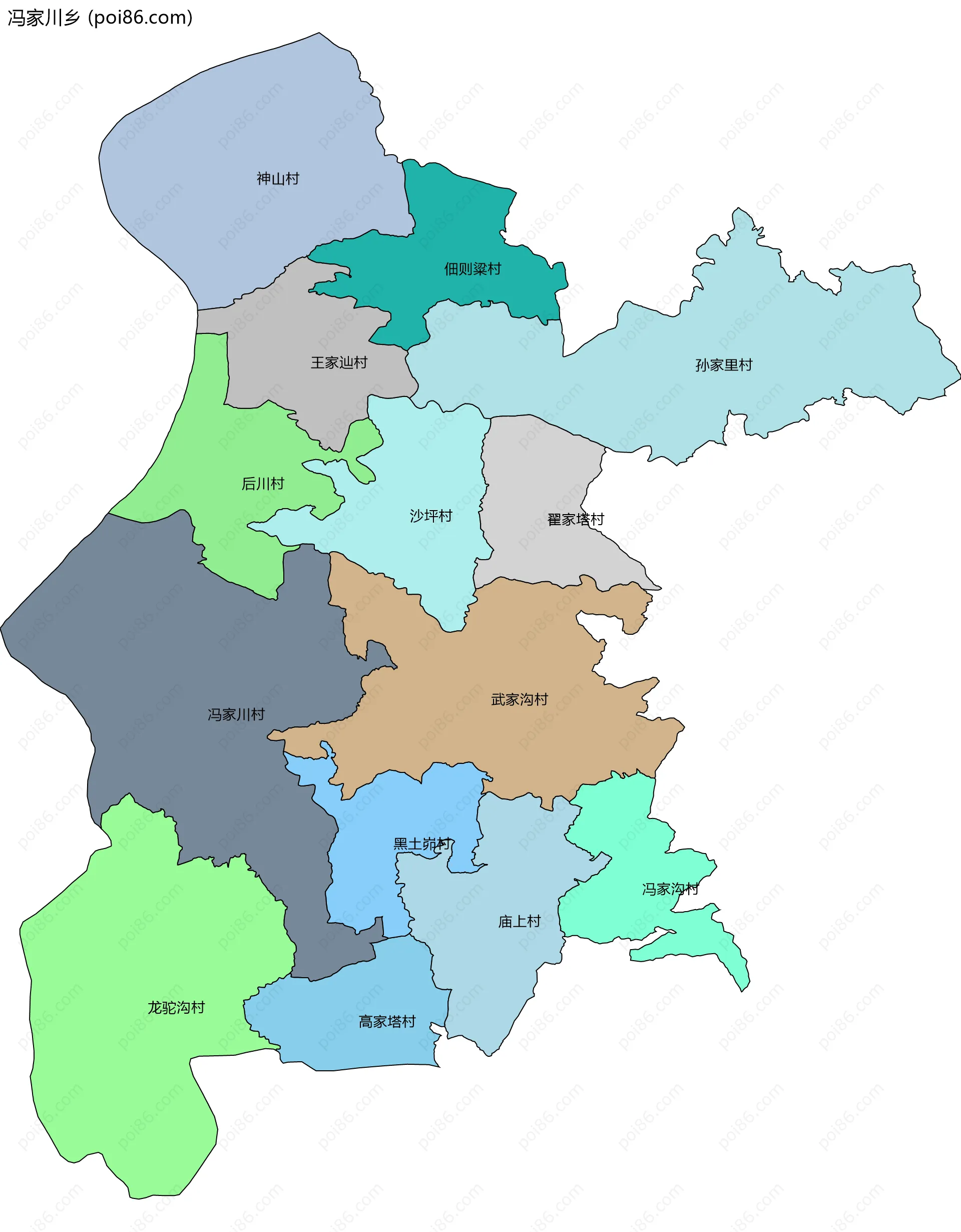 冯家川乡边界地图(五级行政区划)