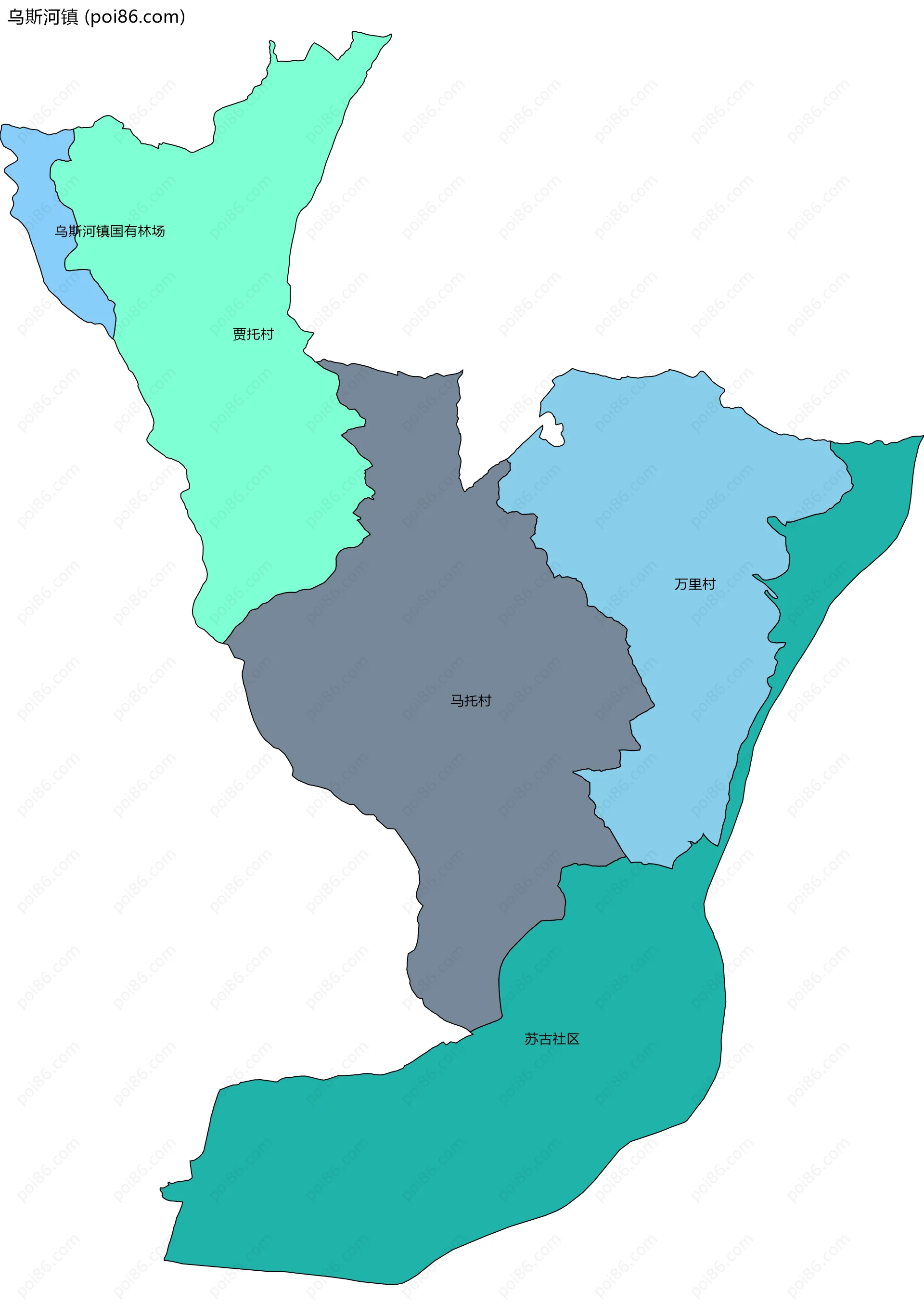 乌斯河镇边界地图(五级行政区划)