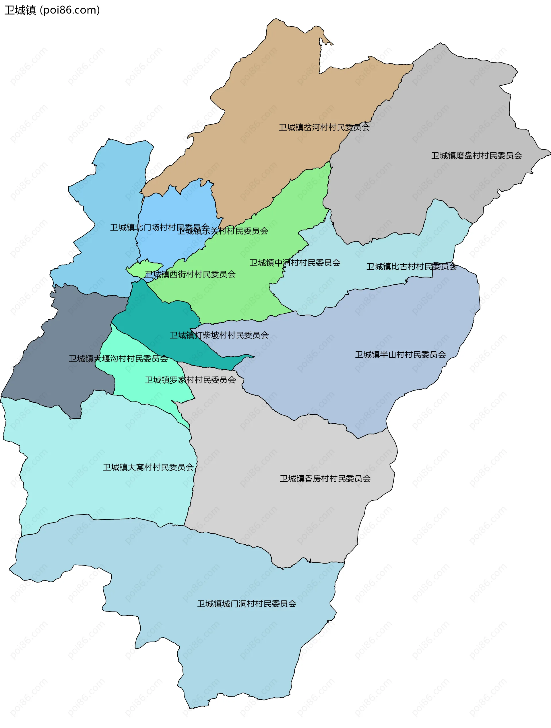 卫城镇边界地图(五级行政区划)