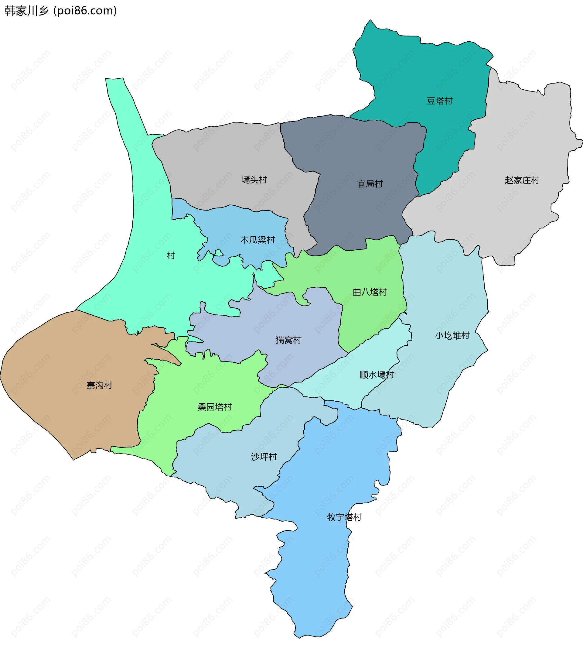 韩家川乡边界地图(五级行政区划)