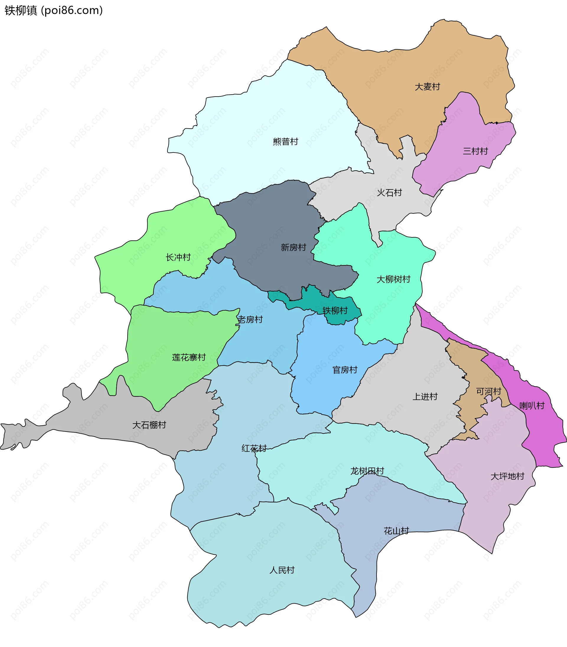 铁柳镇边界地图(五级行政区划)