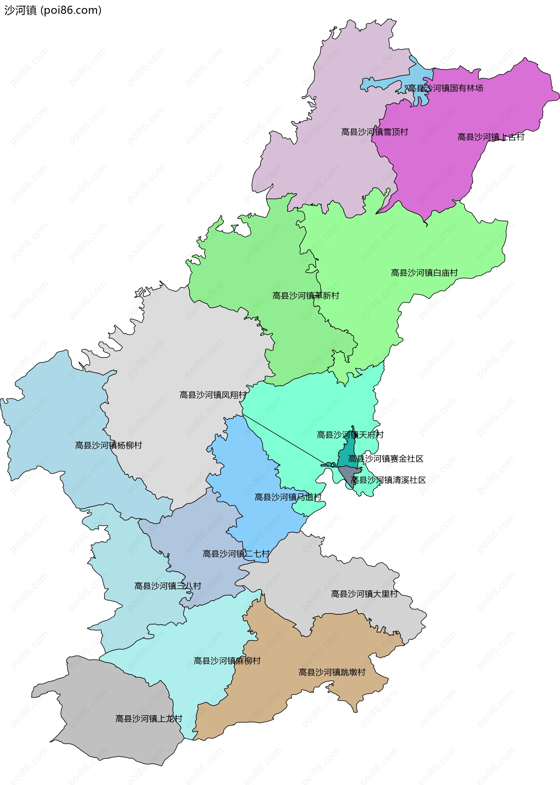 沙河镇边界地图(五级行政区划)