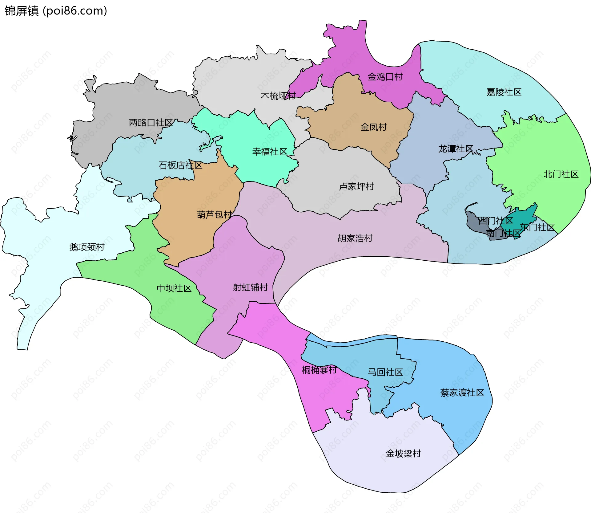 锦屏镇边界地图(五级行政区划)