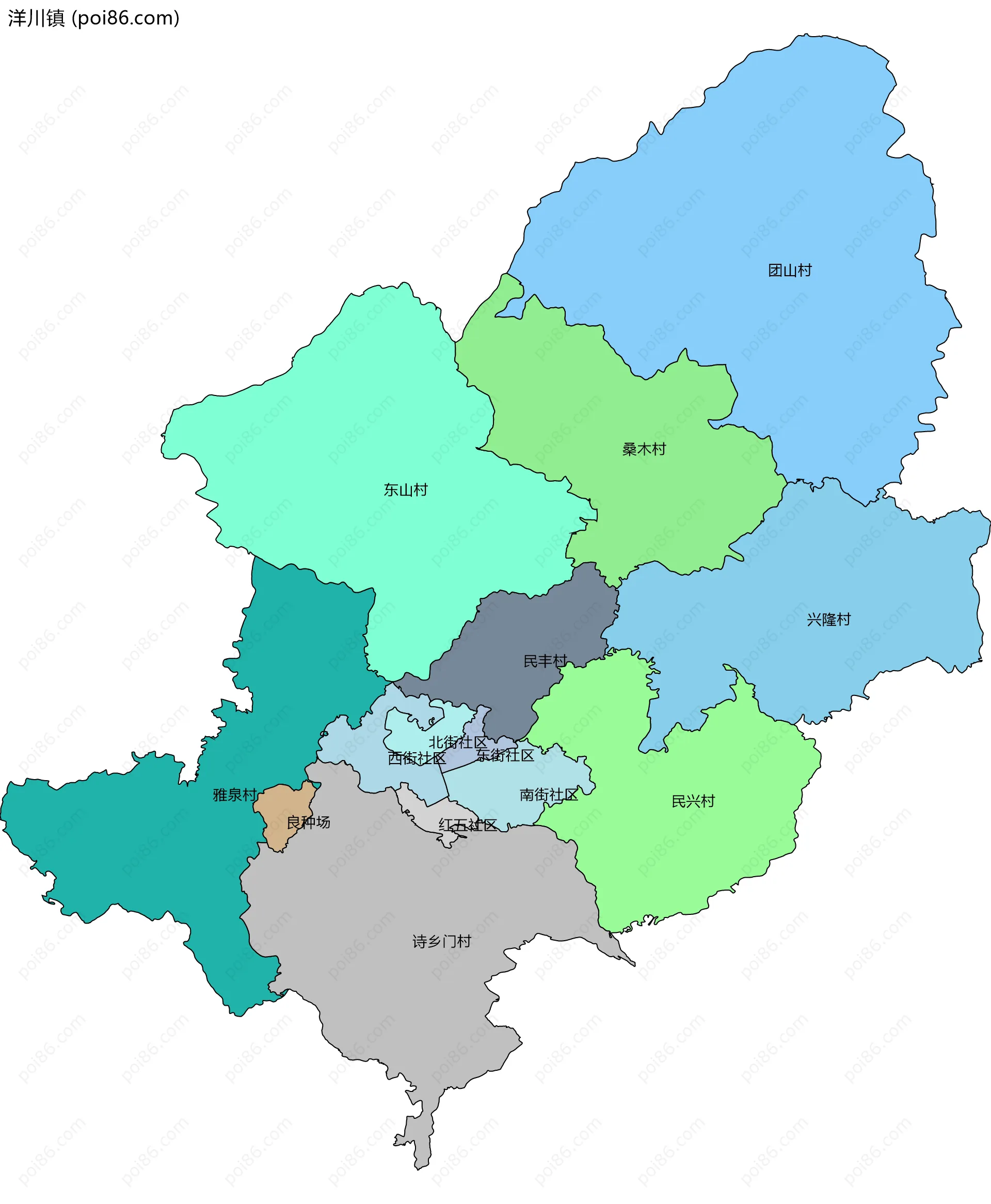 洋川镇边界地图(五级行政区划)