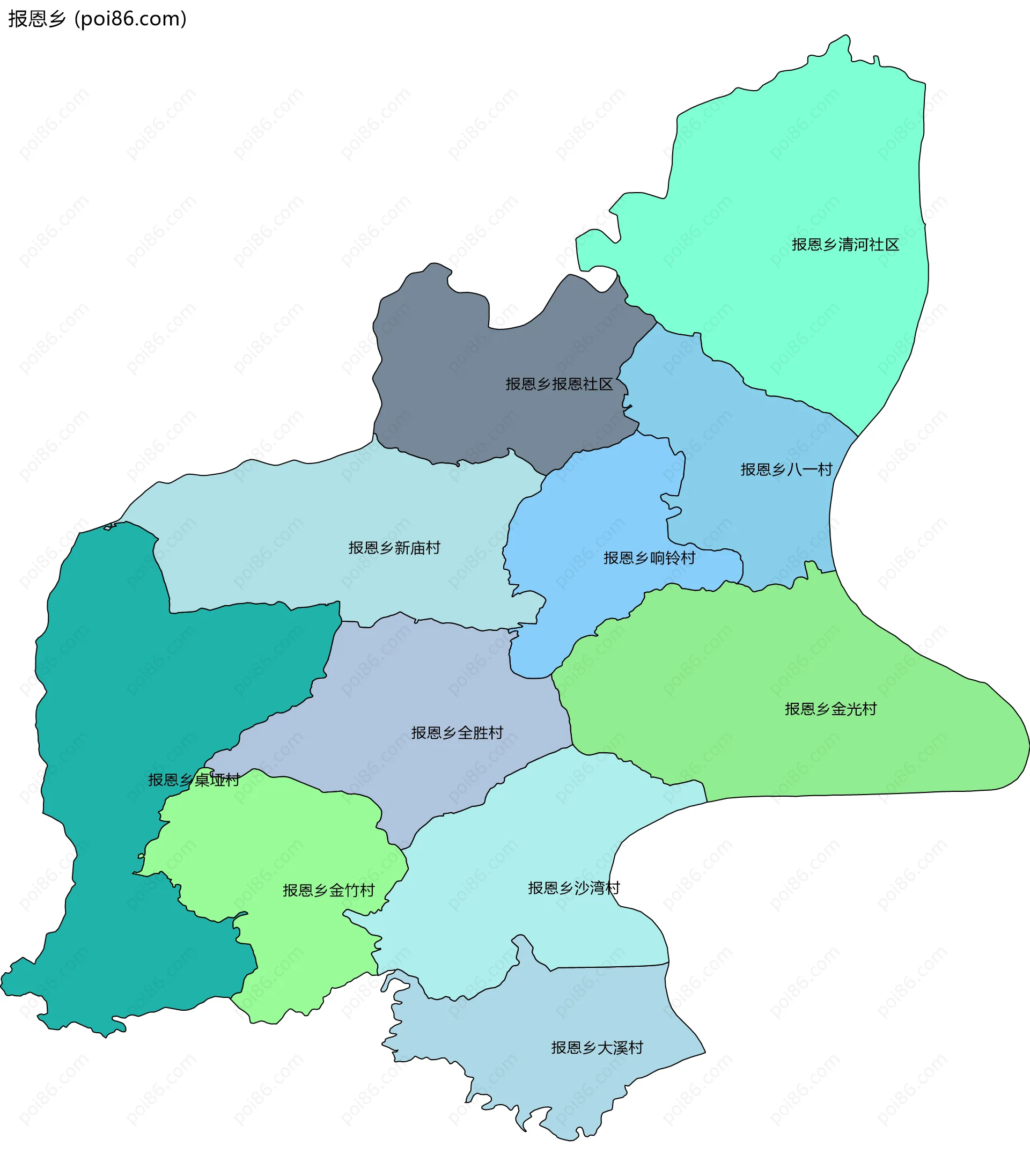 报恩乡边界地图(五级行政区划)