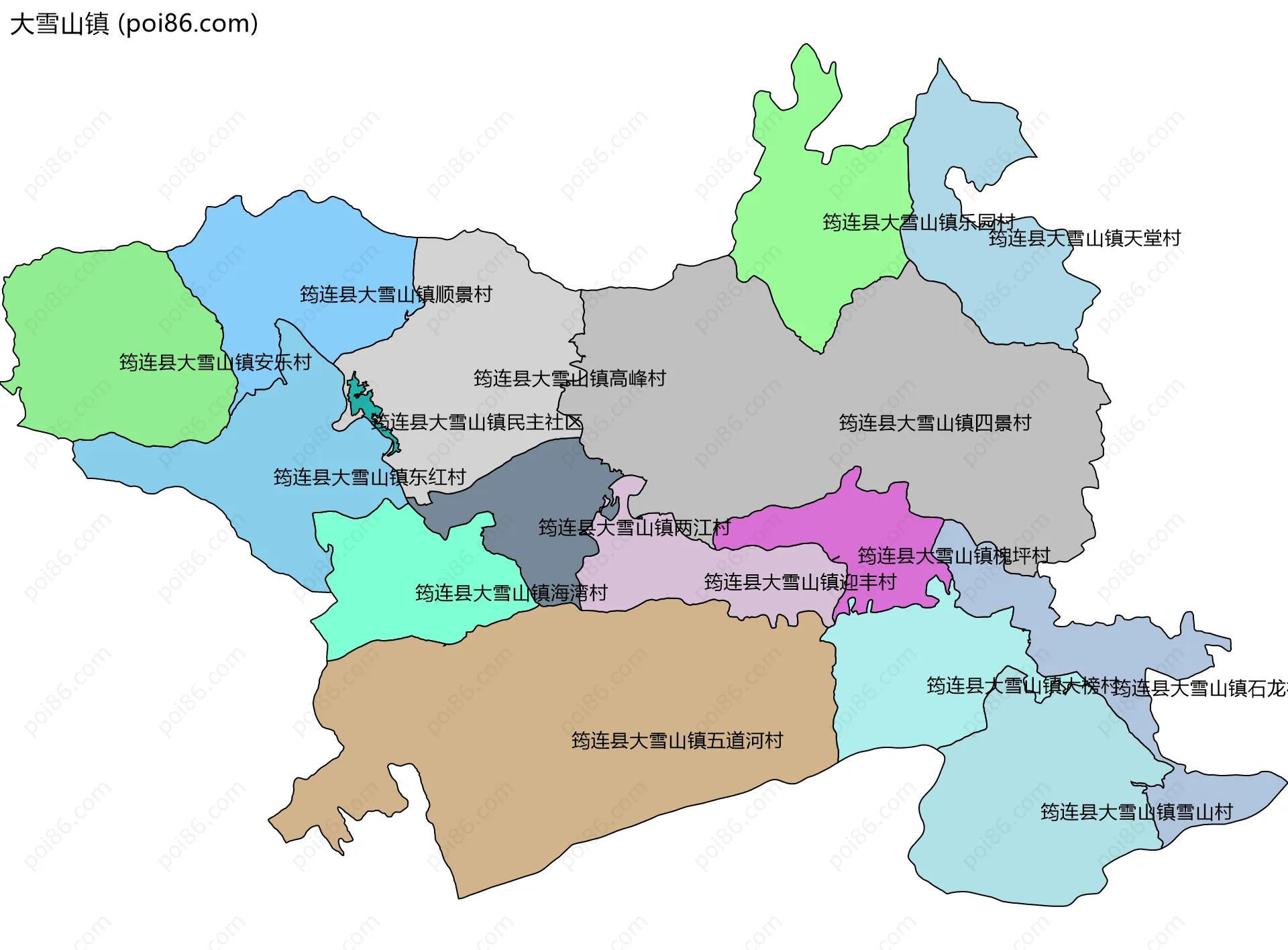大雪山镇边界地图(五级行政区划)