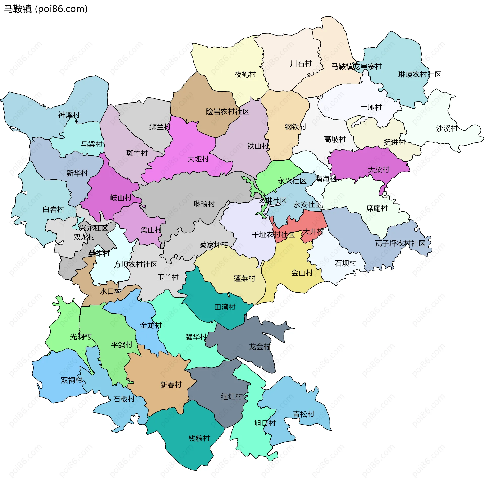 马鞍镇边界地图(五级行政区划)