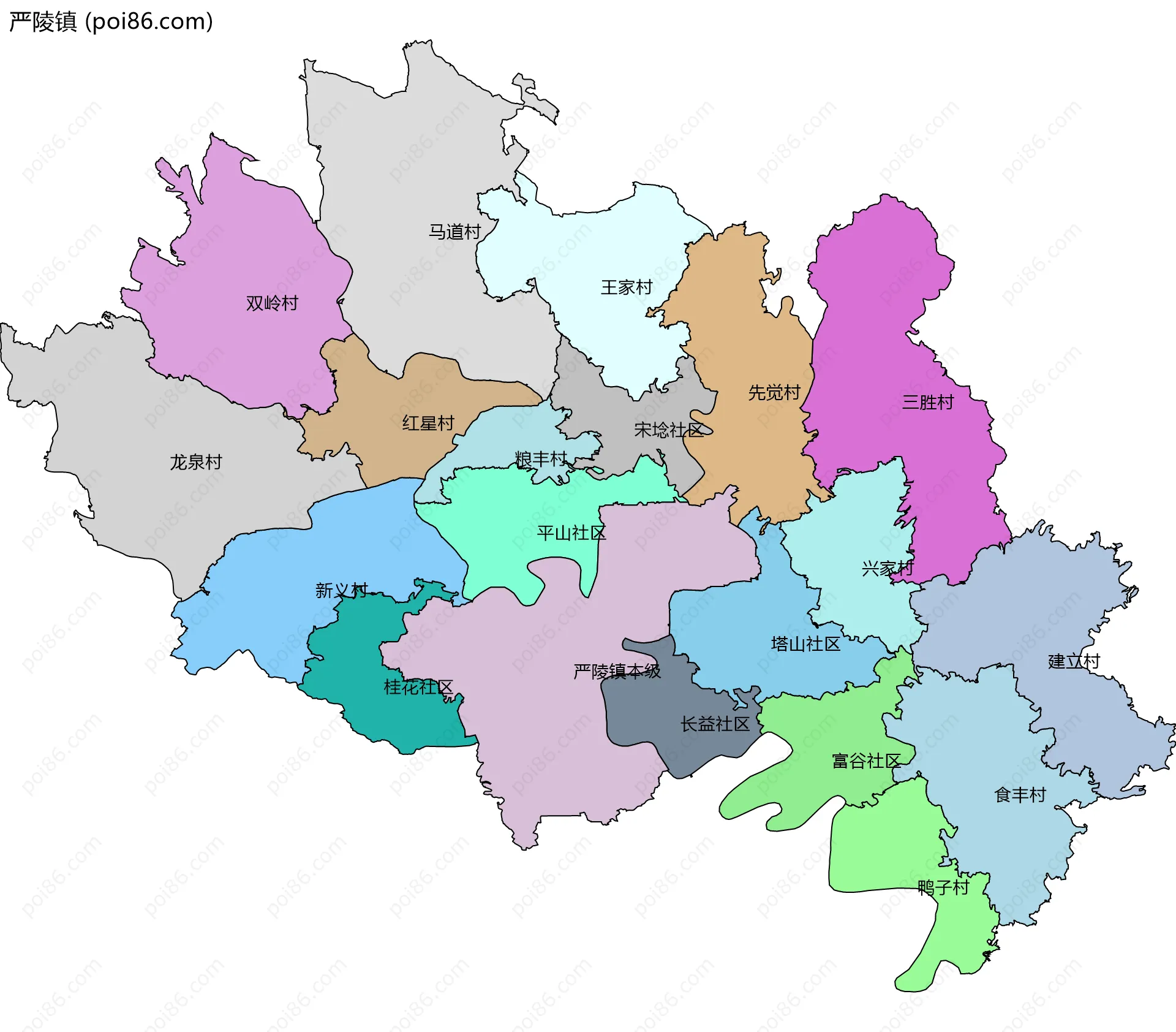 严陵镇边界地图(五级行政区划)