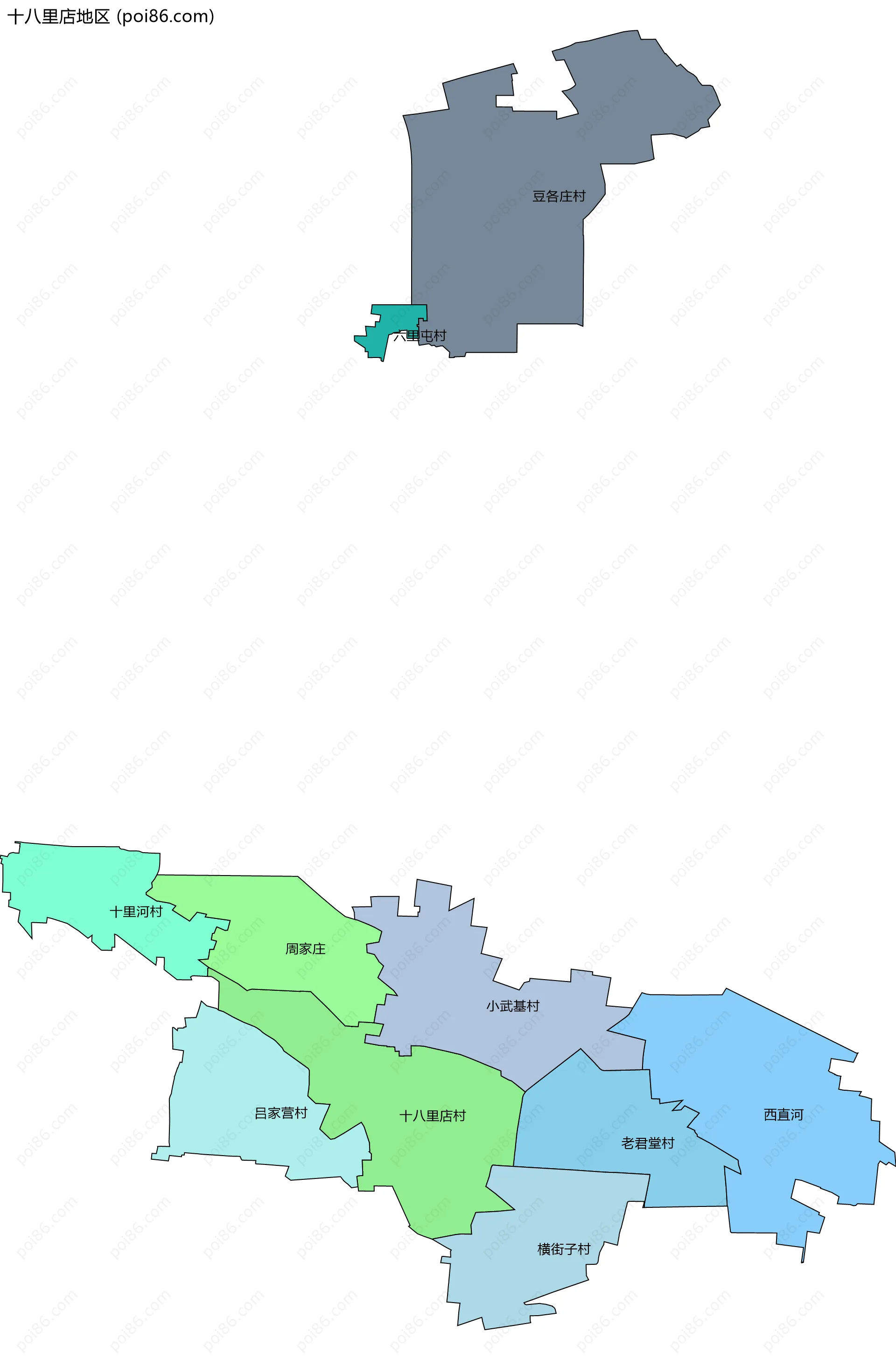 十八里店地区边界地图(五级行政区划)