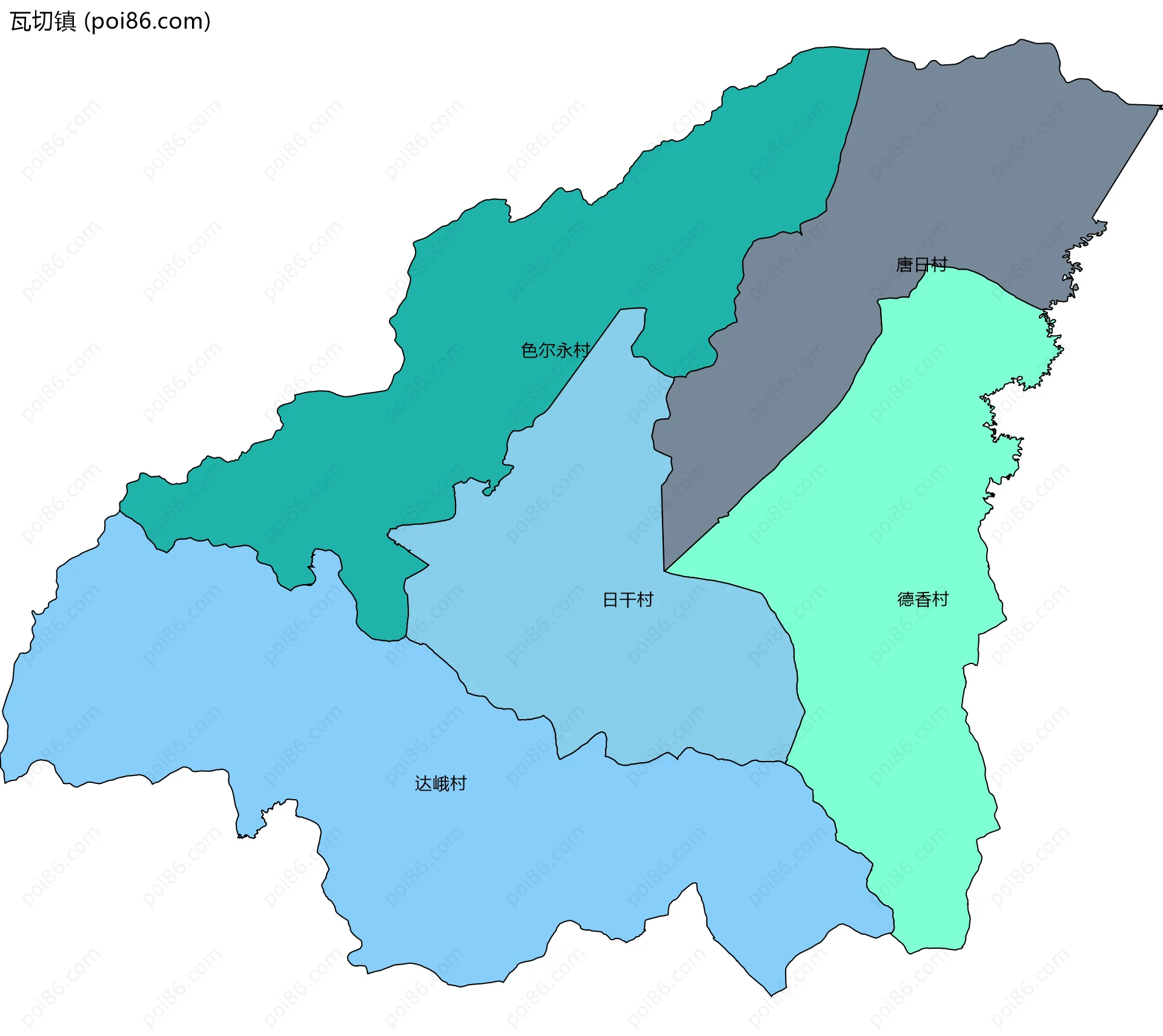 瓦切镇边界地图(五级行政区划)