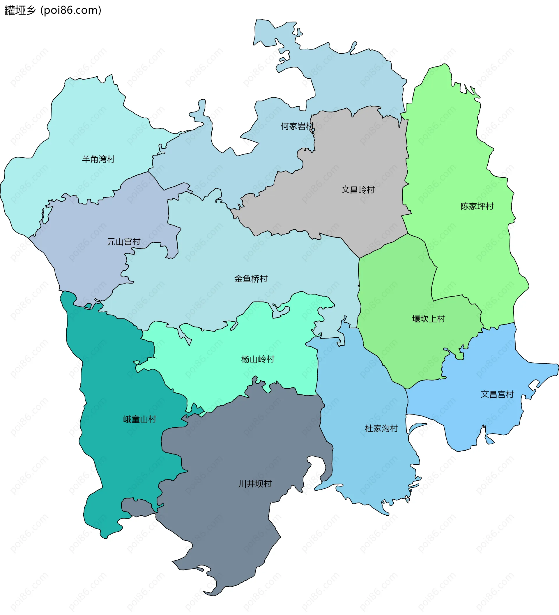 罐垭乡边界地图(五级行政区划)