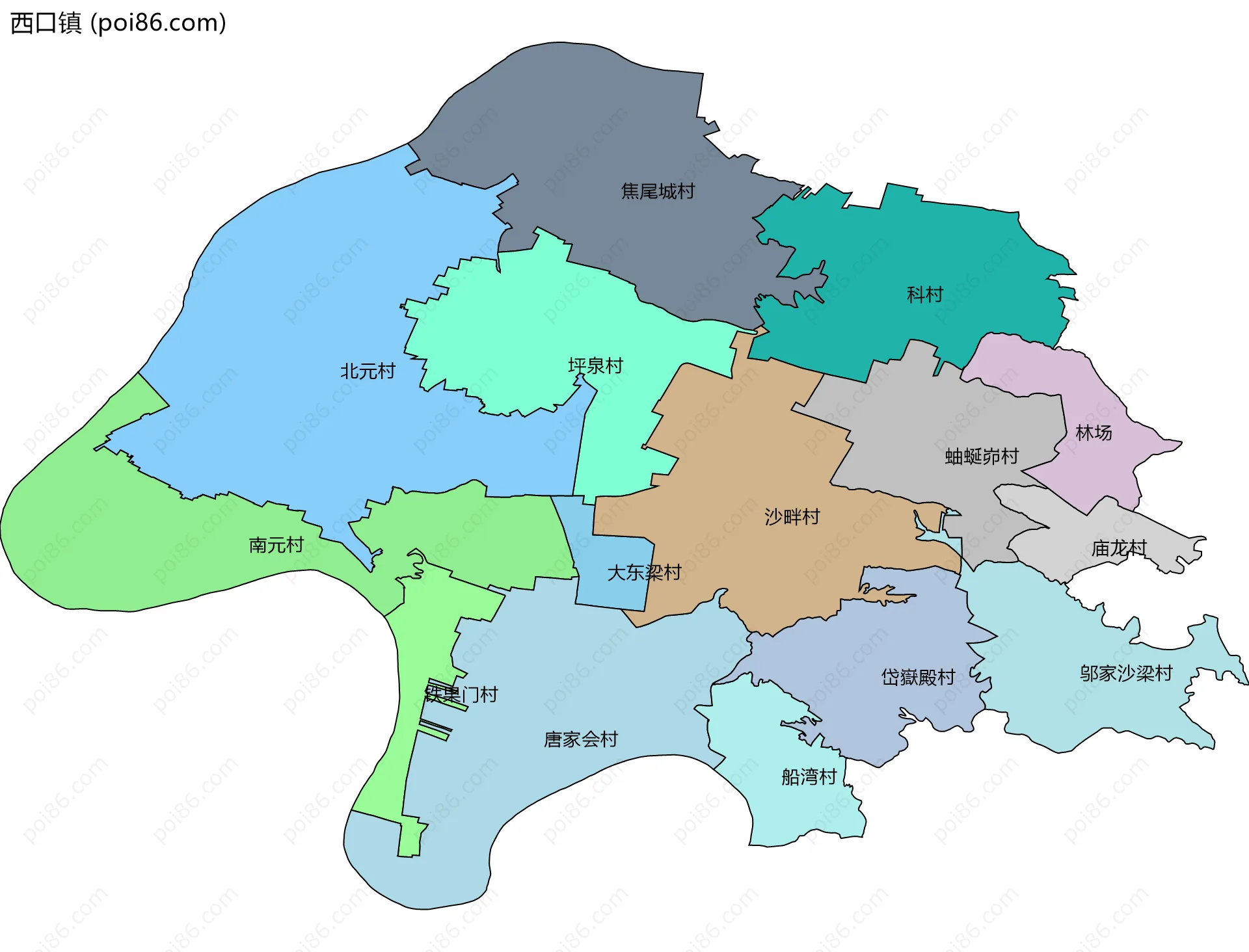 西口镇边界地图(五级行政区划)