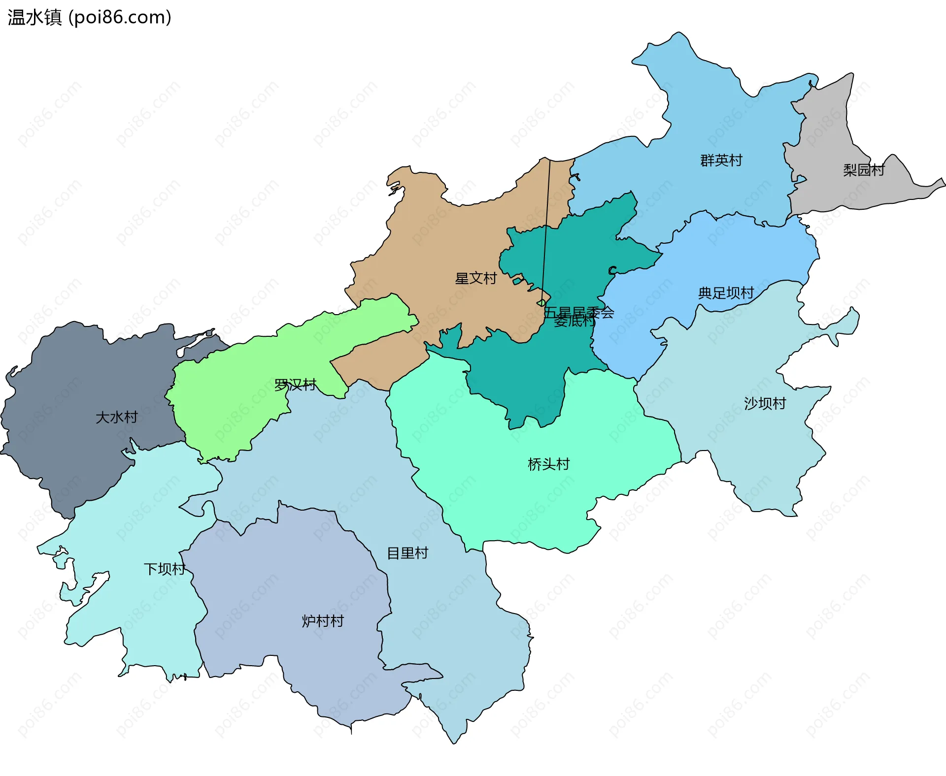 温水镇边界地图(五级行政区划)