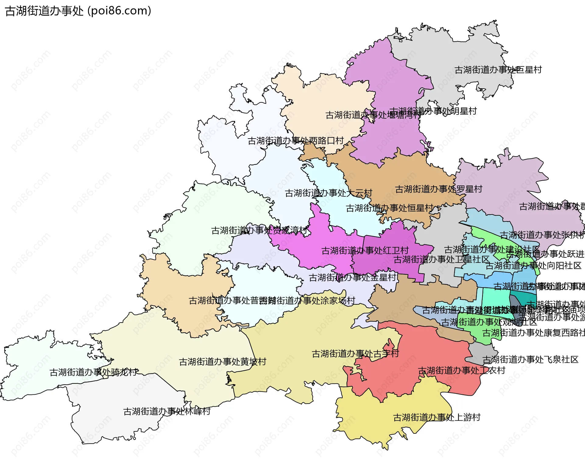 古湖街道办事处边界地图(五级行政区划)