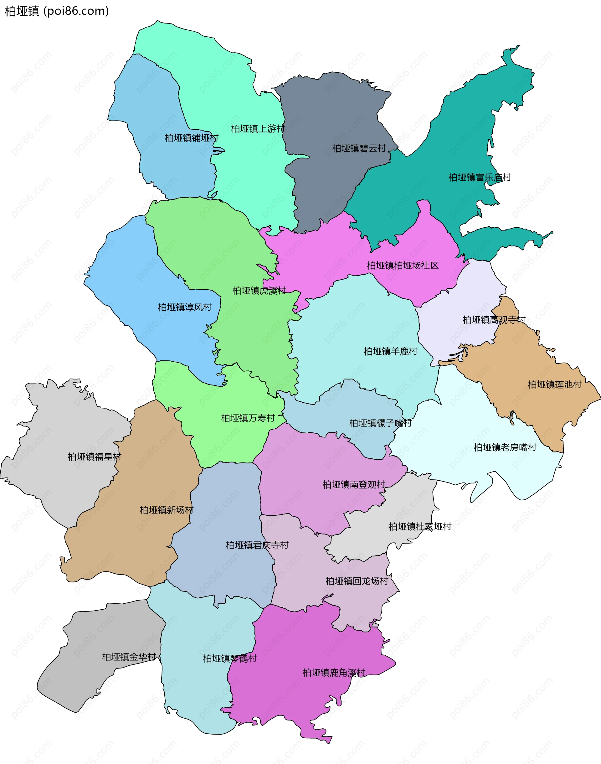 柏垭镇边界地图(五级行政区划)