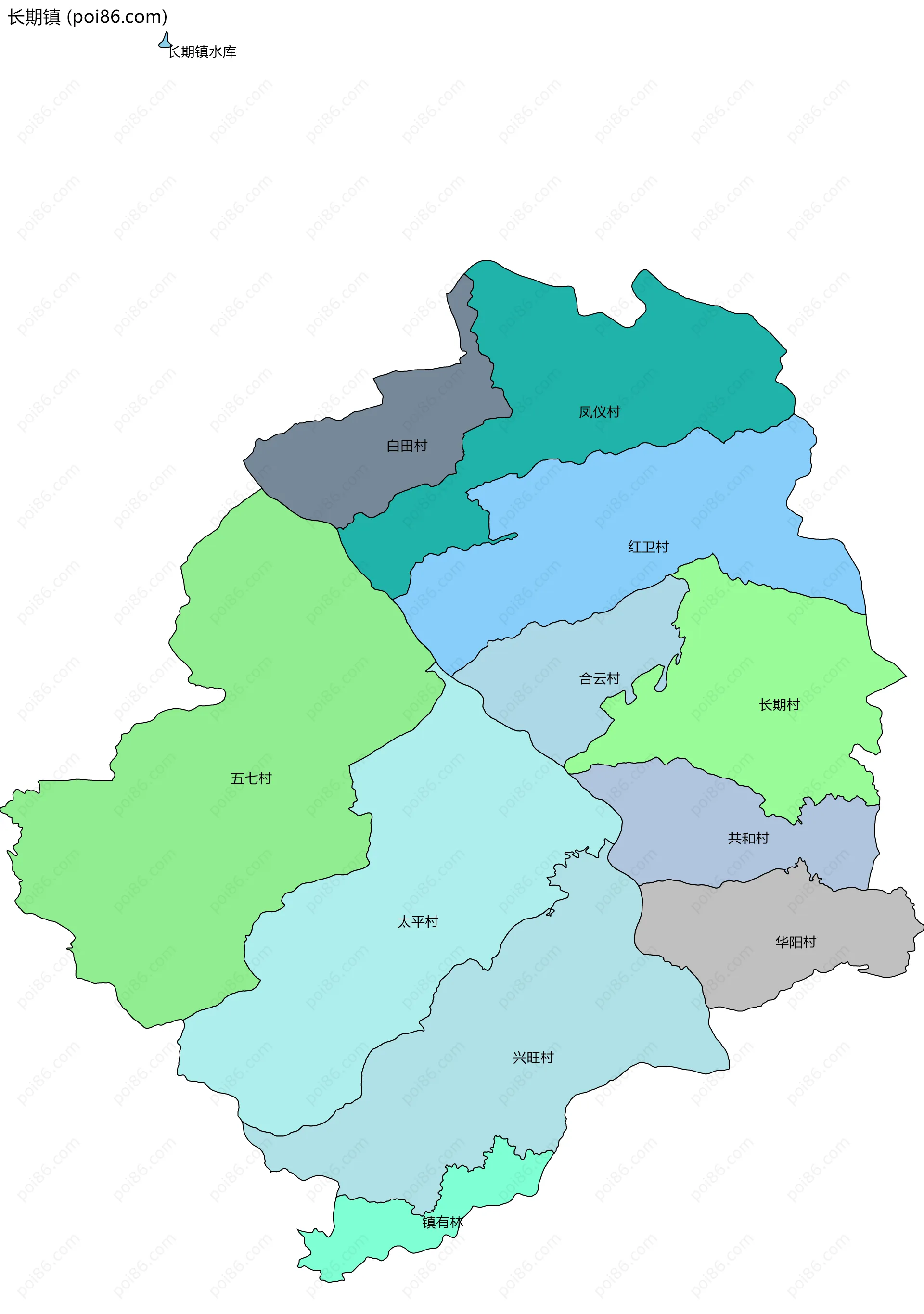 长期镇边界地图(五级行政区划)