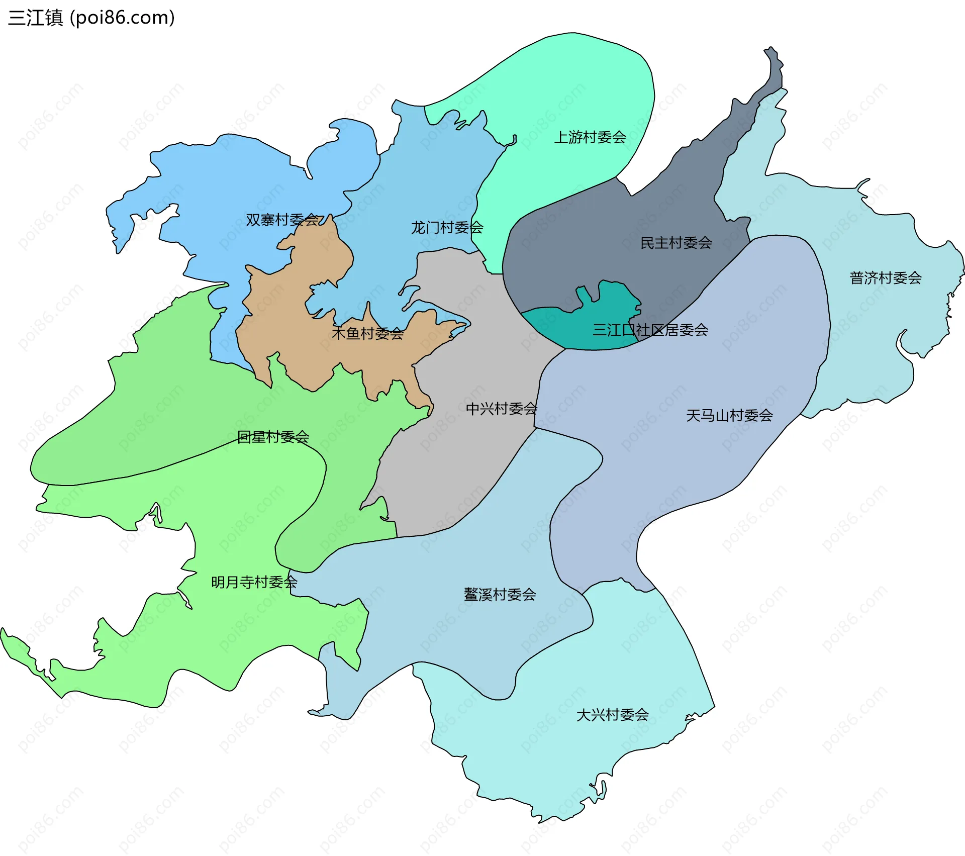 三江镇边界地图(五级行政区划)