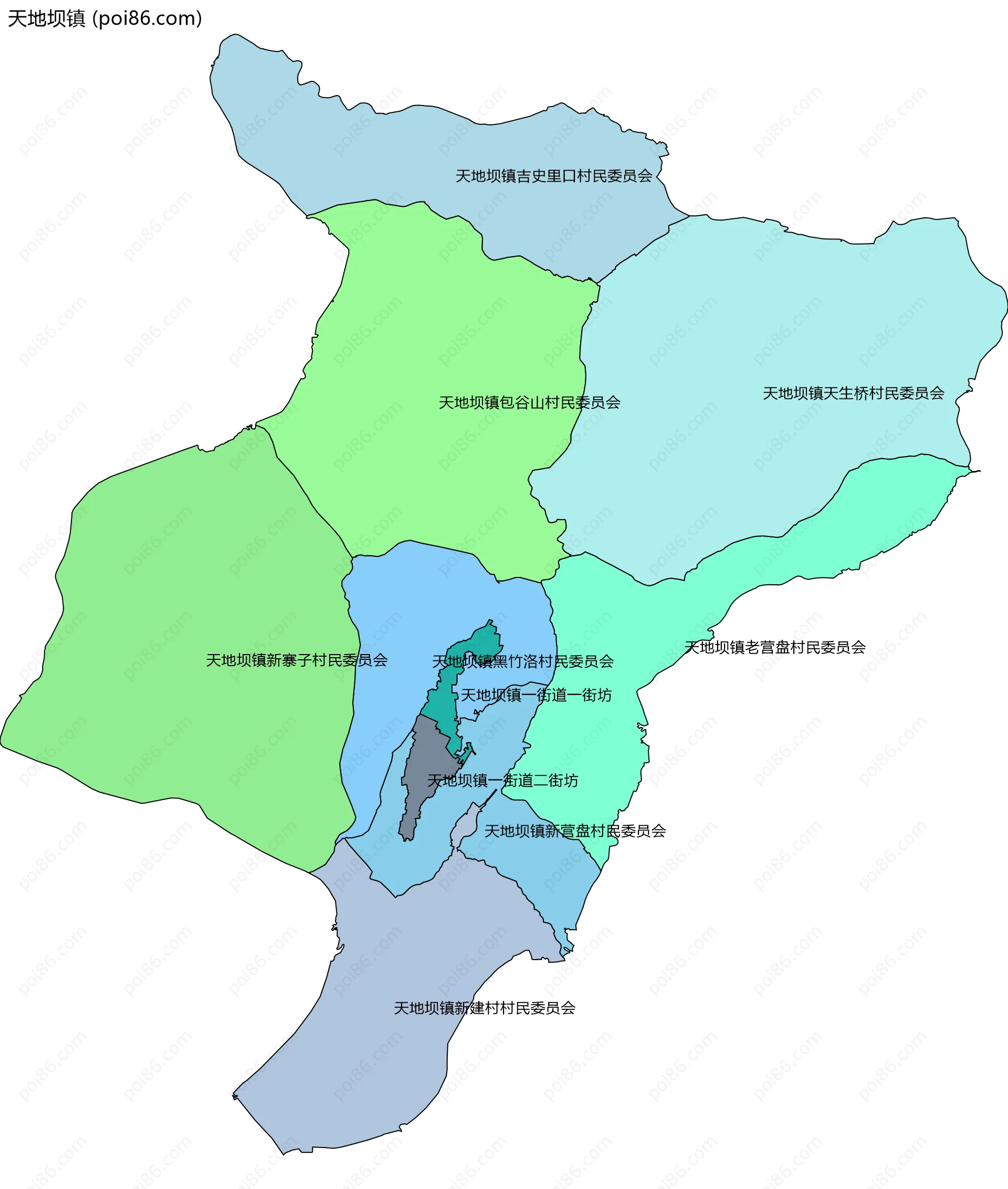 天地坝镇边界地图(五级行政区划)
